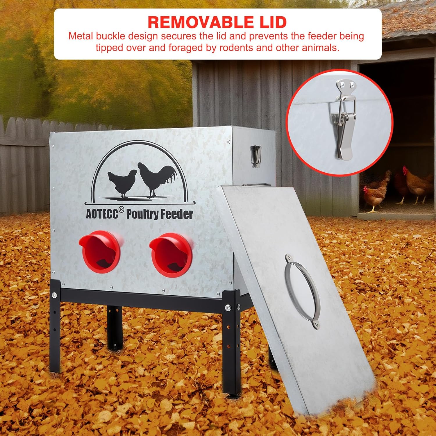 Metal Chicken Feeder, 40lb Automatic Chicken Feeder - 6 Feeding Ports, No Waste Poultry Feeder with Locking Lid & Legs for Outdoor Inside Chicken Coops Geese Ducks, Weatherproof, Rodent Proof