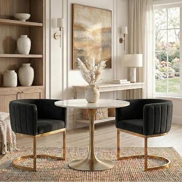 Modern Dining Chairs Set of 2, Contemporary Velvet Kitchen & Living Room Chairs with Metal Frame Comfy Upholstered Side Barrel Chairs for Dining Room/Restaurant/Lounge, Black