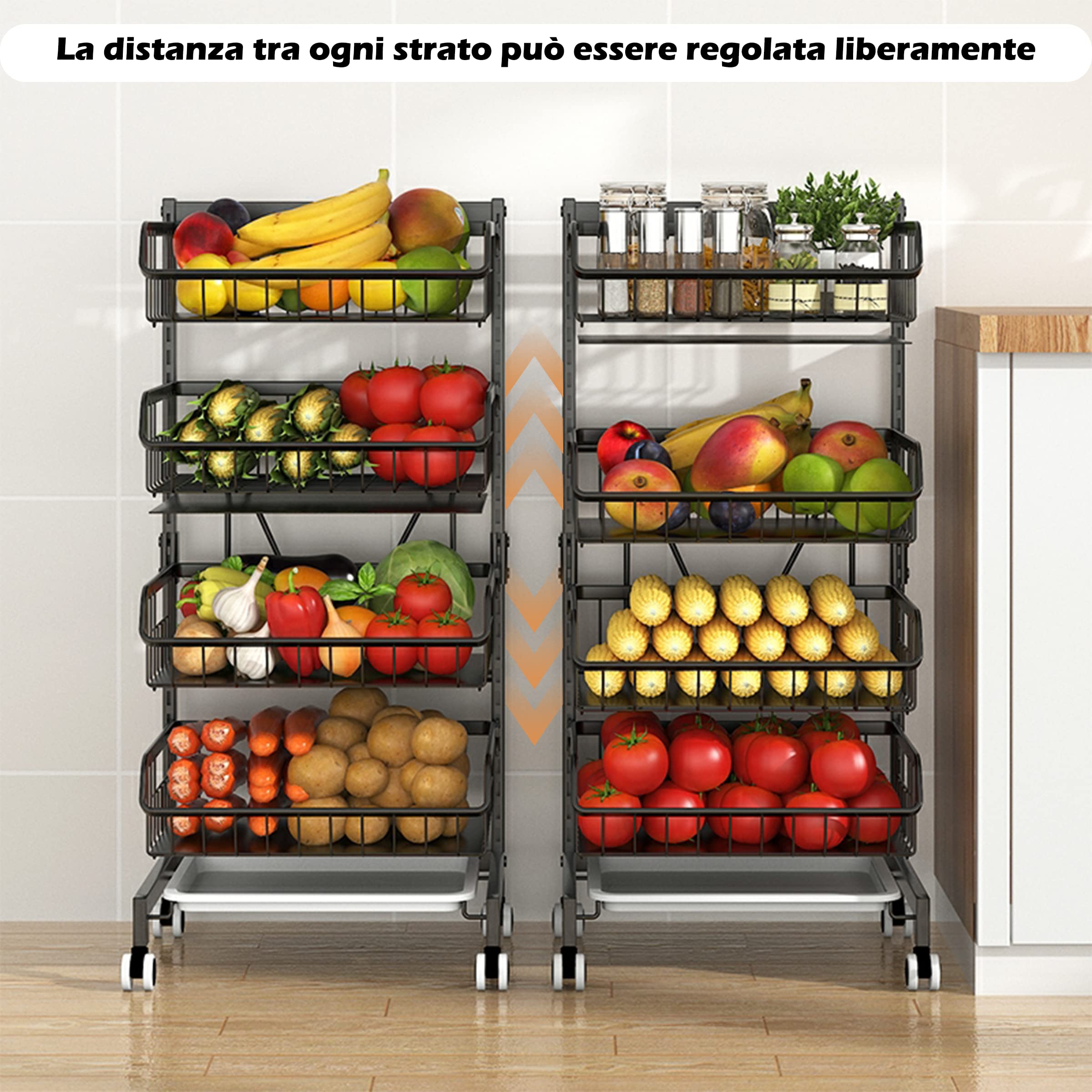 Homoyoyo Carrello Portaoggetti Ruote 3 Livelli in Pp Nero, Ripiano Portaoggetti Rimovibile e Cremagliera Ruota, Organizer Multifunzionale per Cucina, Bagno, Soggiorno e Ufficio