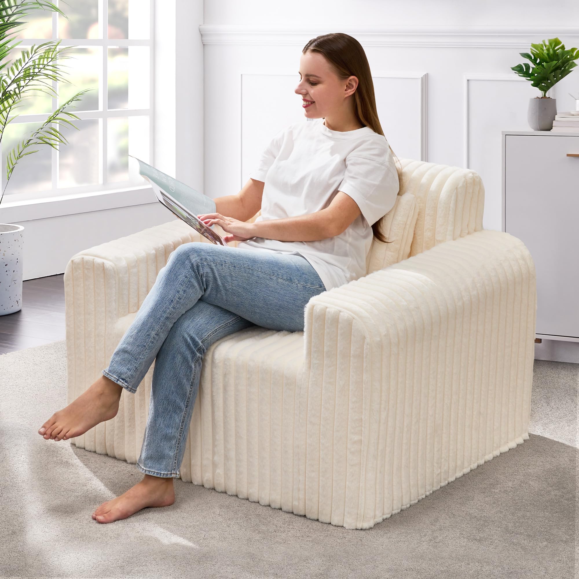 Hobestluk Single Foam Sofa with Pillows Comfy Furry Couch for Small Spaces — image 1
