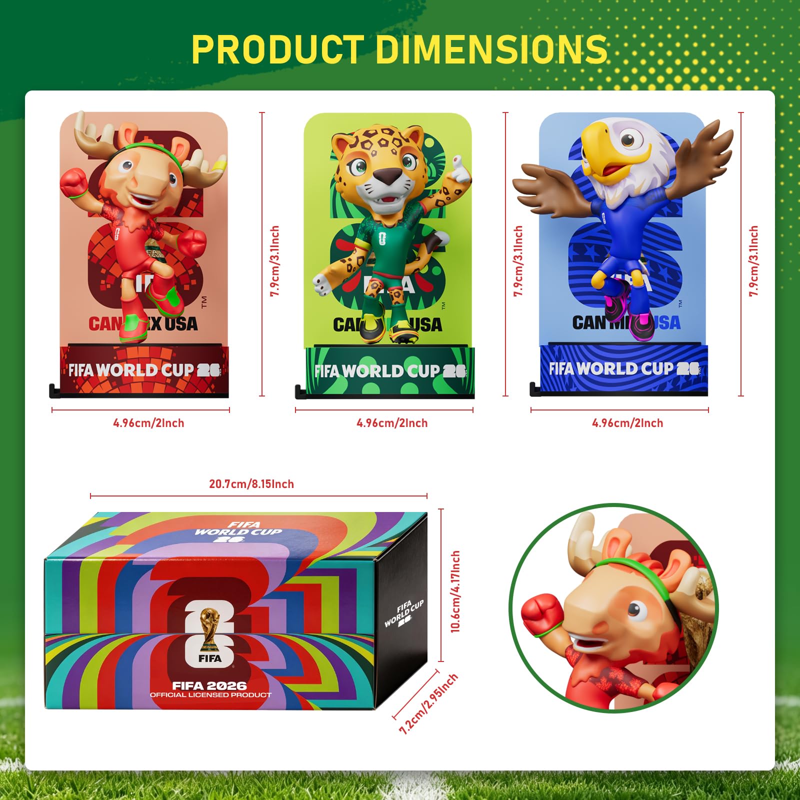 Sanyetral FIFA World Cup 2026 3PCS Figuras de Mascota,Copa Mundial de fútbol Juego de Conjunto Base B (6 cm) para Exhibición, Incluye Clutch, Zayu, Maple