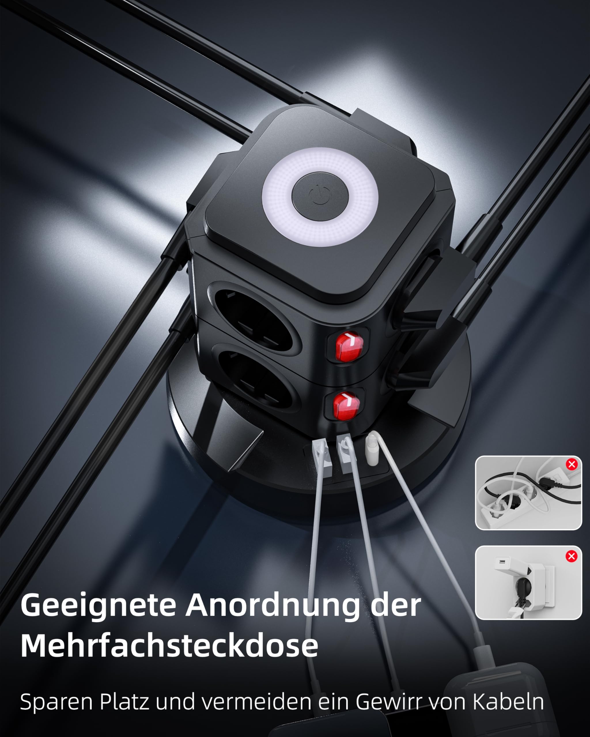 AORIDO Listwa zasilająca 8 wielu gniazd, płaska wtyczka z USB, gniazdo wieży LED z przełącznikiem, ochrona przeciwprzepięciowa, 1,8 m przedłużacz do biura