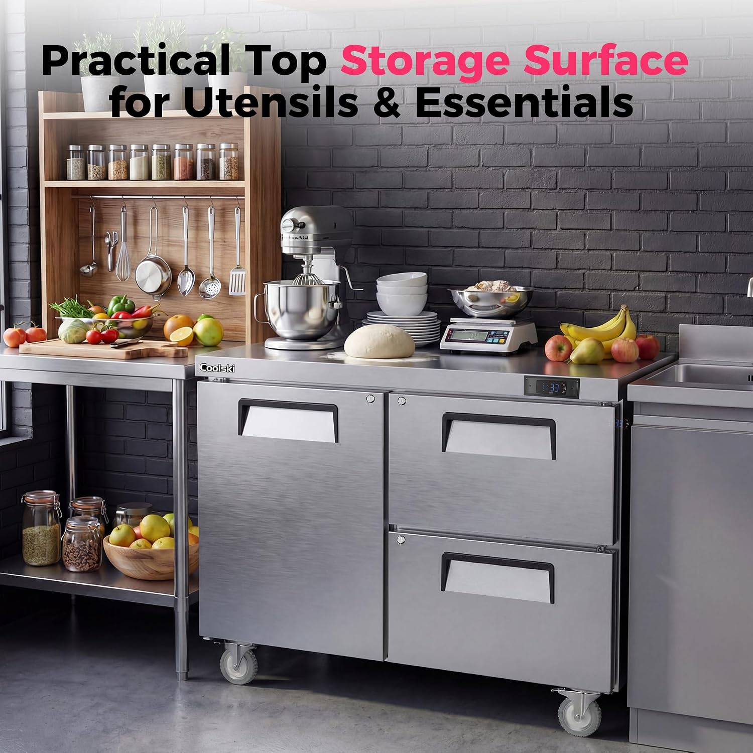 Coolski Commercial Worktop Undercounter Refrigerator with items on top