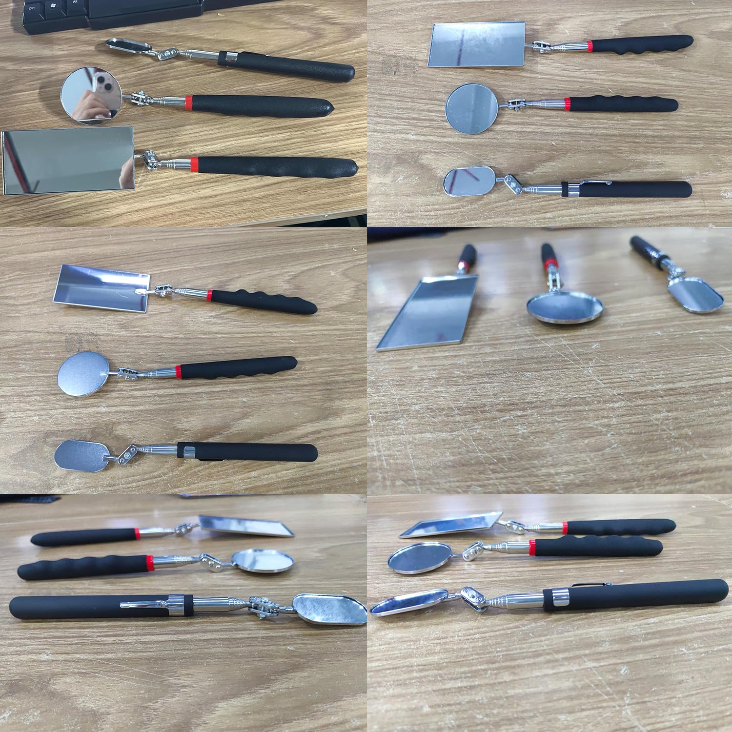 SAVITA 3 Pièces Miroirs D'inspection Télescopiques, Rétractables Kit de Miroir D'inspection Outil D'observation pour L'inspection Véhicules Observation Cils Cavité Buccale (Carrée, Ronde et Ovale)