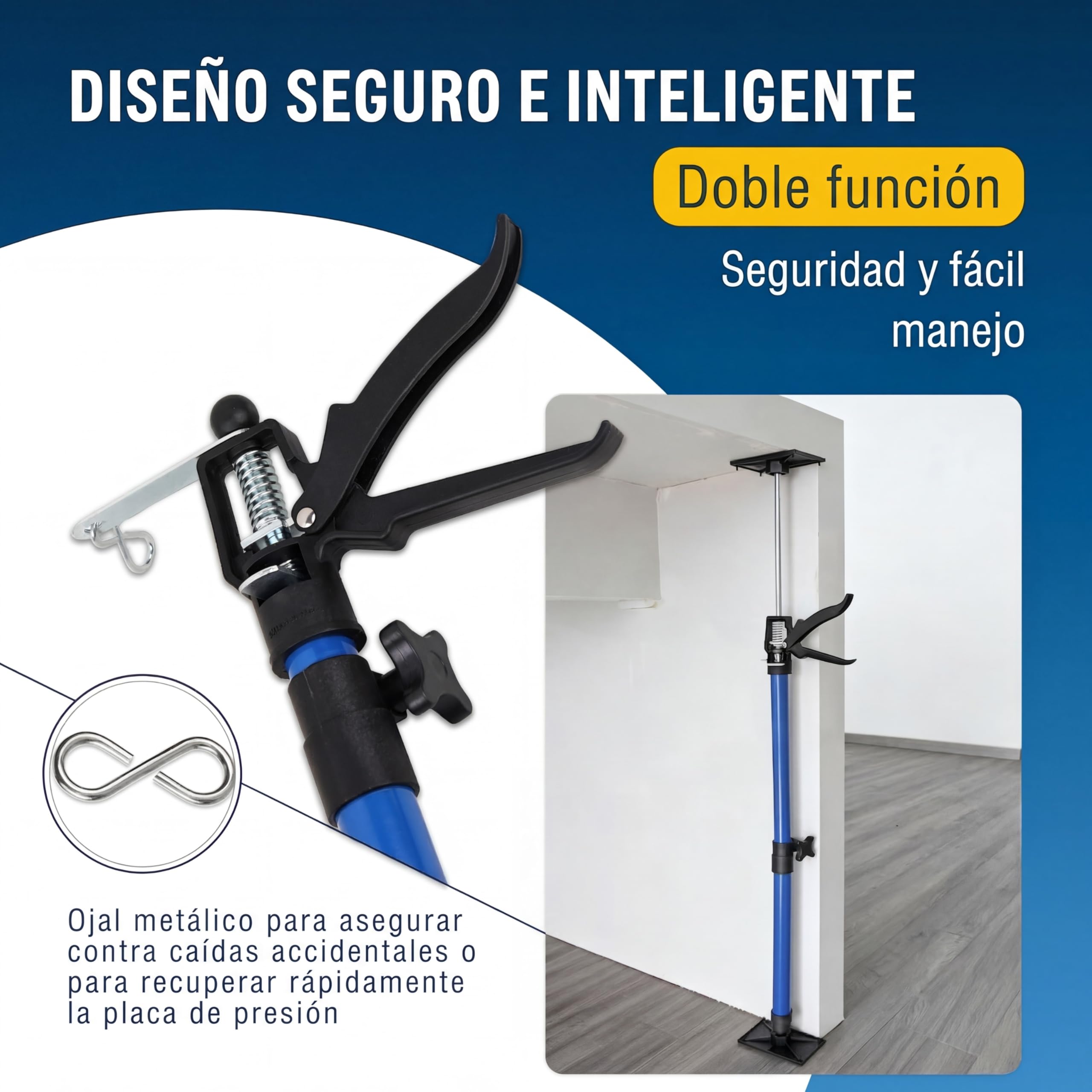 DEUBA® Set 3x Puntales Telescópicos Extensibles Obra Tensores Puerta Ajustables 50-115cm Puntal Tensor Poste Acero Placas Presión Goma Antideslizante Instalación Techo Paneles Pladur Carga 30kg