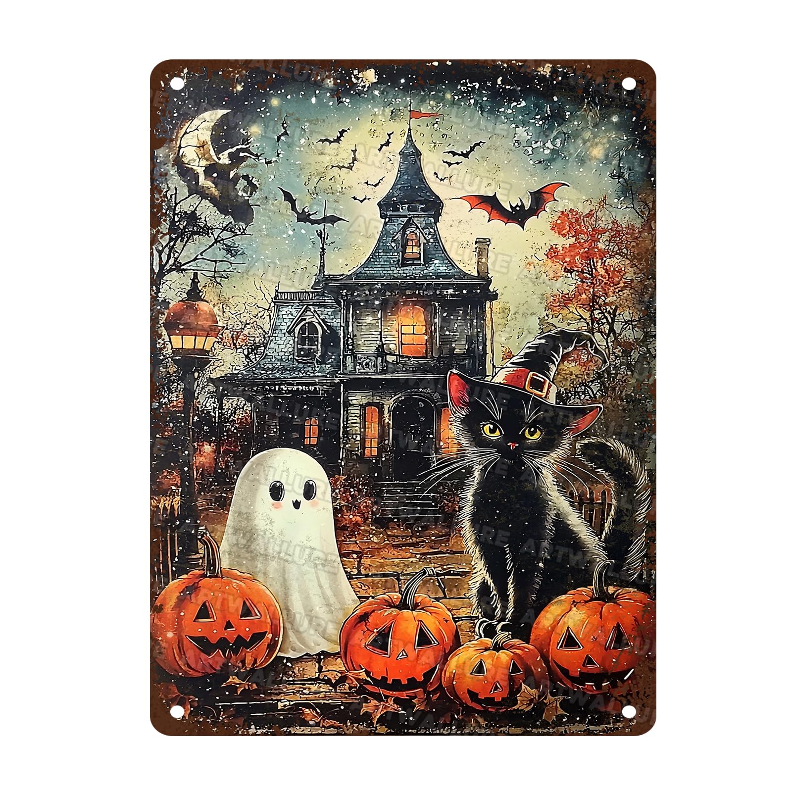 Halloween Black Cat Vintage Sign Funny Ghost Pumpkin Metal Tin Sign Halloween Bat Decor for Home Bar Kitchen Hotel Dining Room Coffee 12x16inch