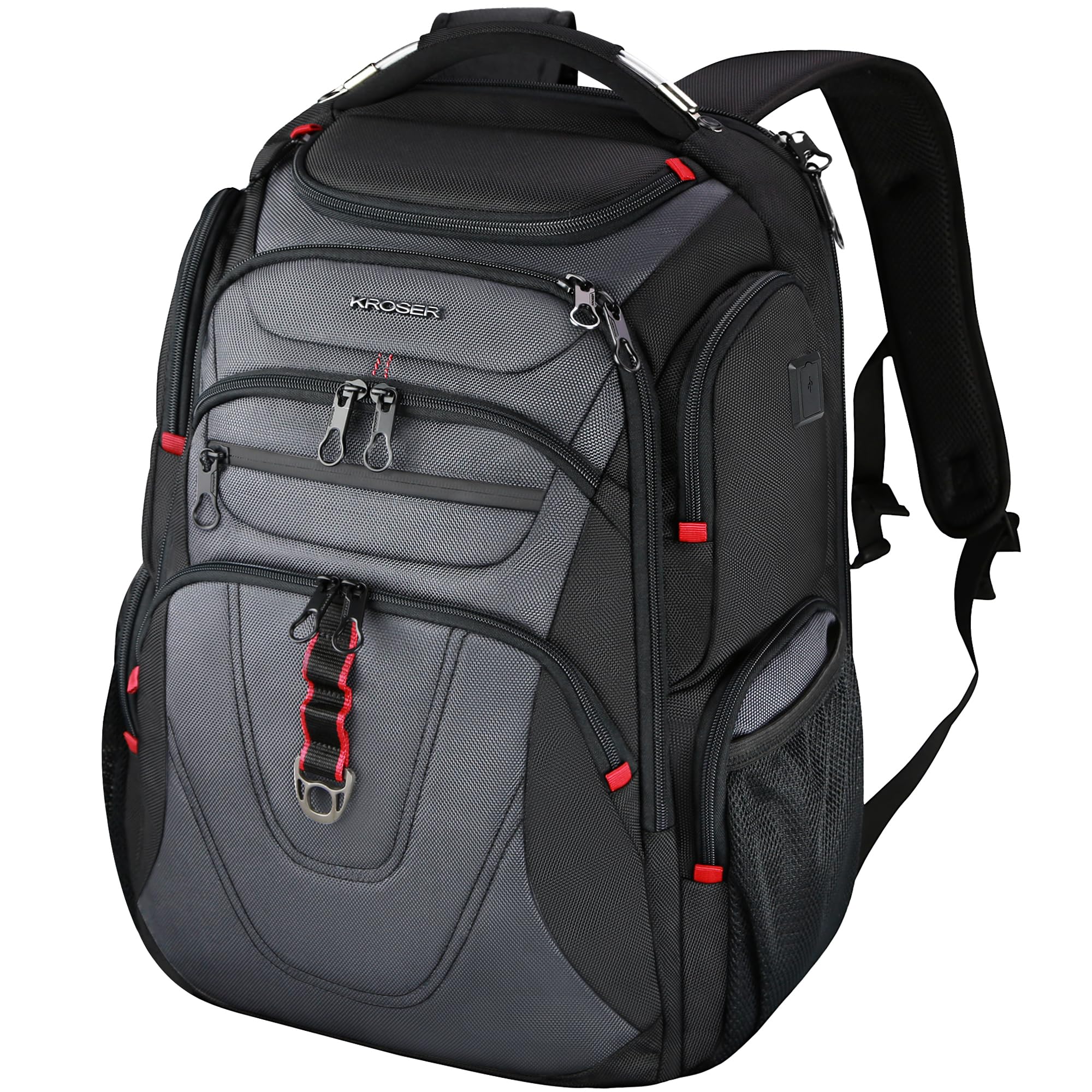KROSER Laptop Rucksack Herren 17,3 Zoll Business Reiserucksack Handgepäck Wasserdicht mit Hartgeschältem Sicherheitsraum Ladeanschluss RFID Tasche für Männer/Frauen/College/Schule -Schwarz Grau