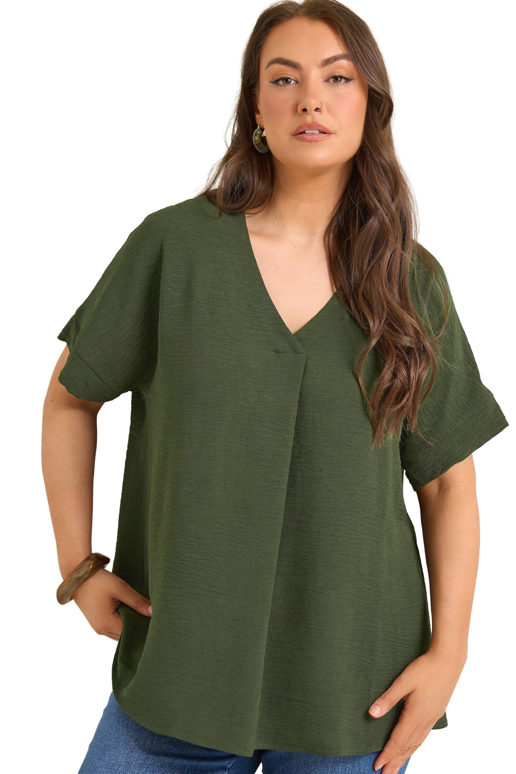 Evans Women's Blouse - V-Neck - Pleat Front - Short Sleeve - Olive - Size 22-24