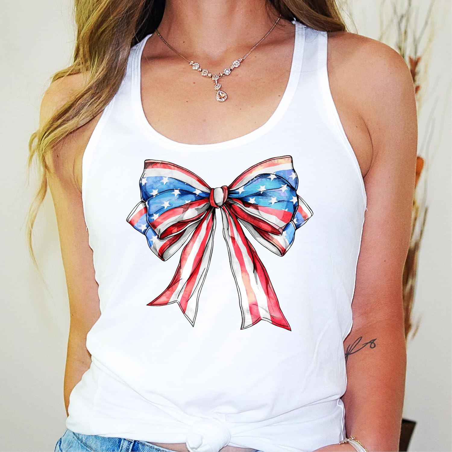 Coquette Bow USA Flag Tank Top 4th of July Patriotic Shirt for Women and Teens