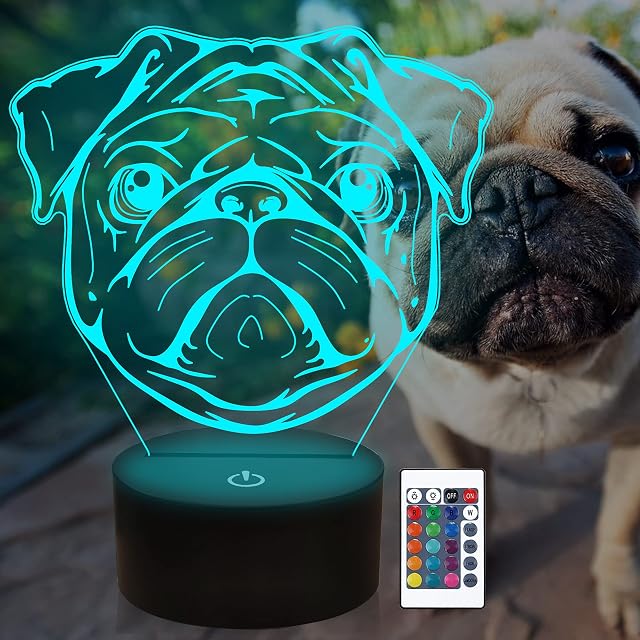 Attivolife Pug Lamp Gifts, 3D Lamp with Remote Control, Cute Dog Illusion Table Bedside Night Light 16 Colors Changing, Pet Bedroom Decor Creative Christmas Birthday Present for Kid Child Toddler