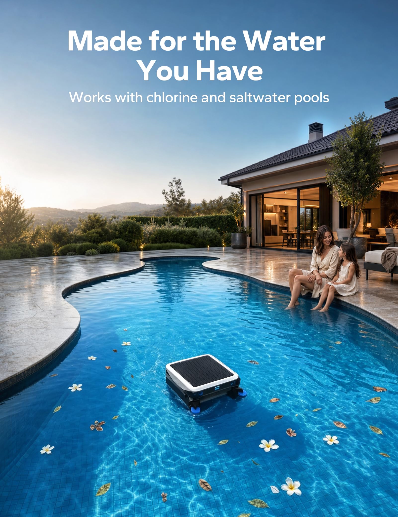 POOLHACKER Robot d'écumoire solaire de piscine, nettoyage continu 24h/24, 7j/7, double modes de charge, évitement intelligent des obstacles, panier extra large de 9 L, filtre à maille fine de 150 μm