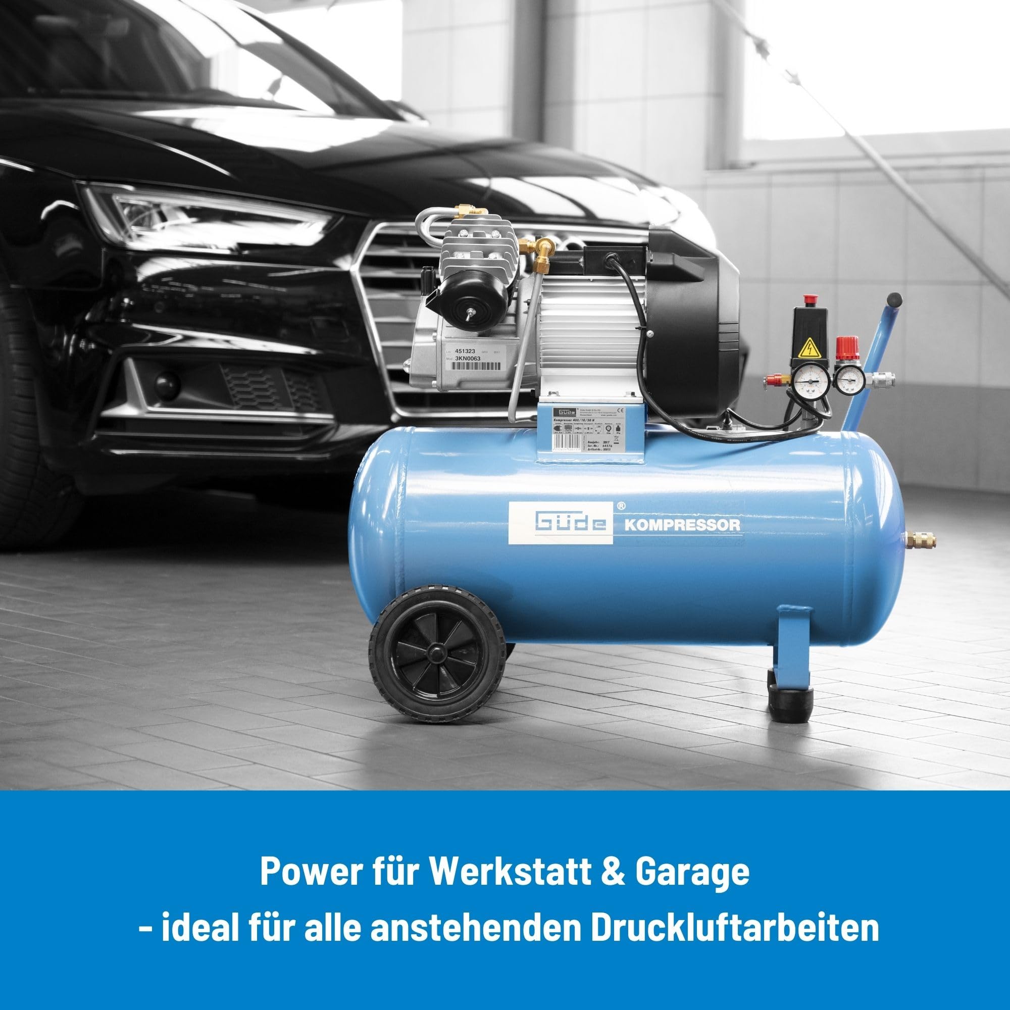 Güde 400/10/50 N Kompressor - 230 Volt, 50 Liter Kessel, 2,2 Kilowatt, max. Druck 10 bar, eff. Liefermenge bei 0 bar 303 l/min, 2-Zylinder-V-Aggregat ölgeschmiert, 2 Manometer, 2 Druckluftkupplungen