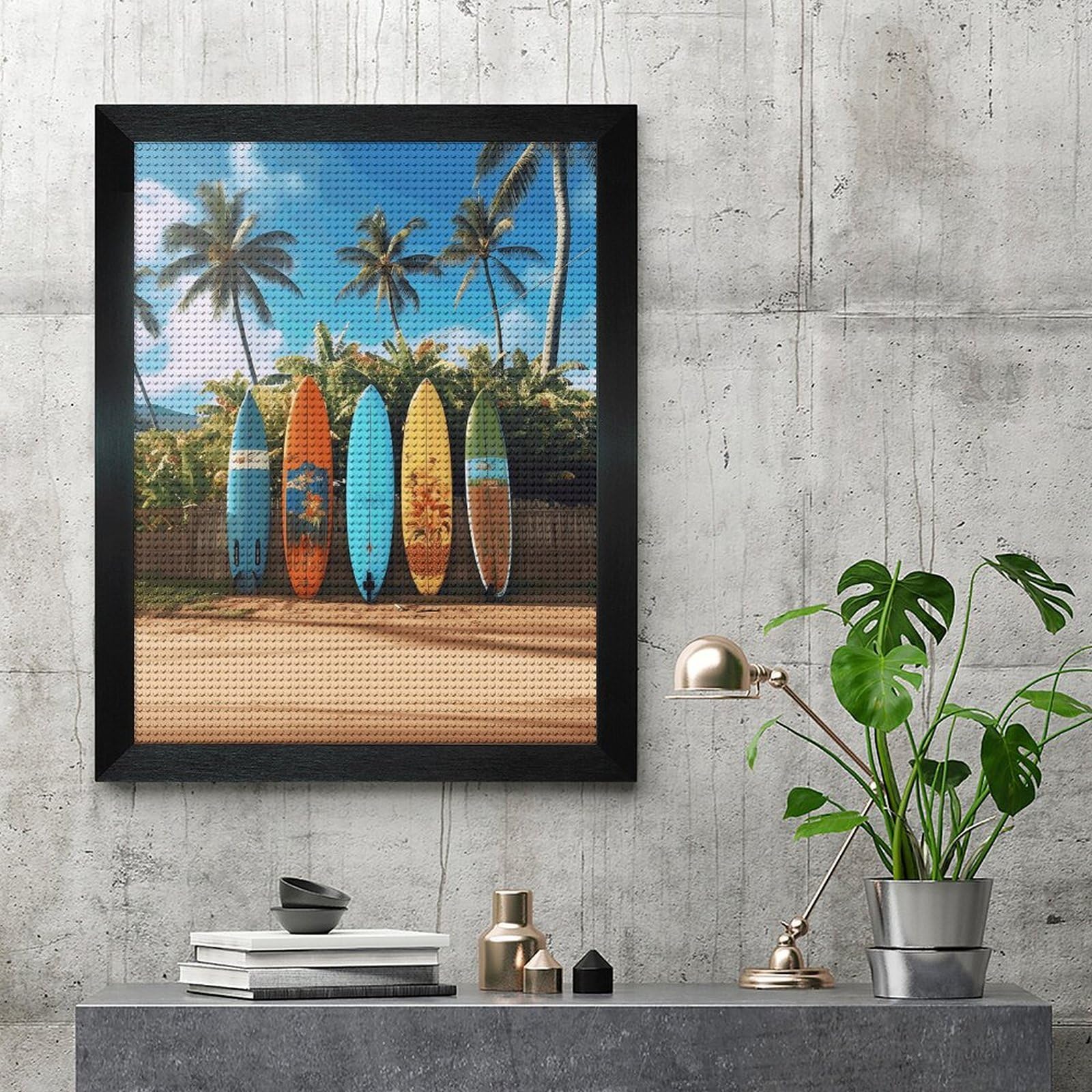 VIDI Surf's Up Surfboard 5D-Diamant-Malerei-Set für Erwachsene, groß, zum Selbermachen, runder Bohrer, Diamantkunst mit Rahmen, Anfängerfreundliches Handwerk, Edelsteinmalerei für Stressabbau