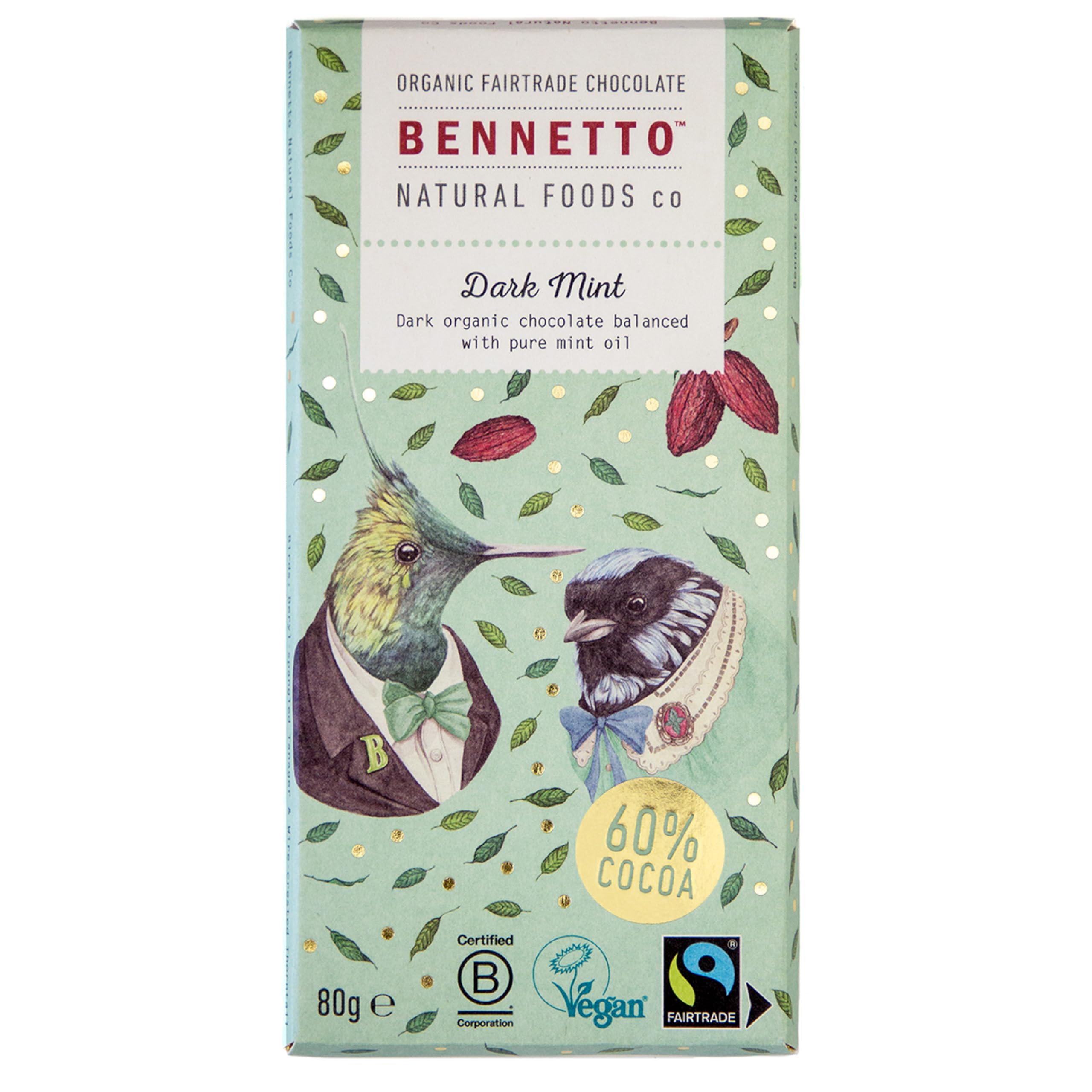 BENNETTO | Dark Mint | Dark chocolate with pure mint oil. 60% cocoa. Certified organic, Fairtrade, and net climate positive. 1x 80g Bar