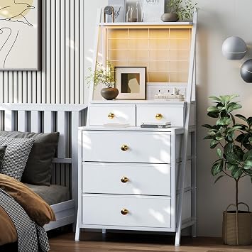 Gyfimoie Tall Bedside Table with Charging Station, White Bedside Cabinet with LED Lights 5 Drawer Night Stand with 3-Tier Storage Shelf for Bedroom Living Room & Dorm 1, White