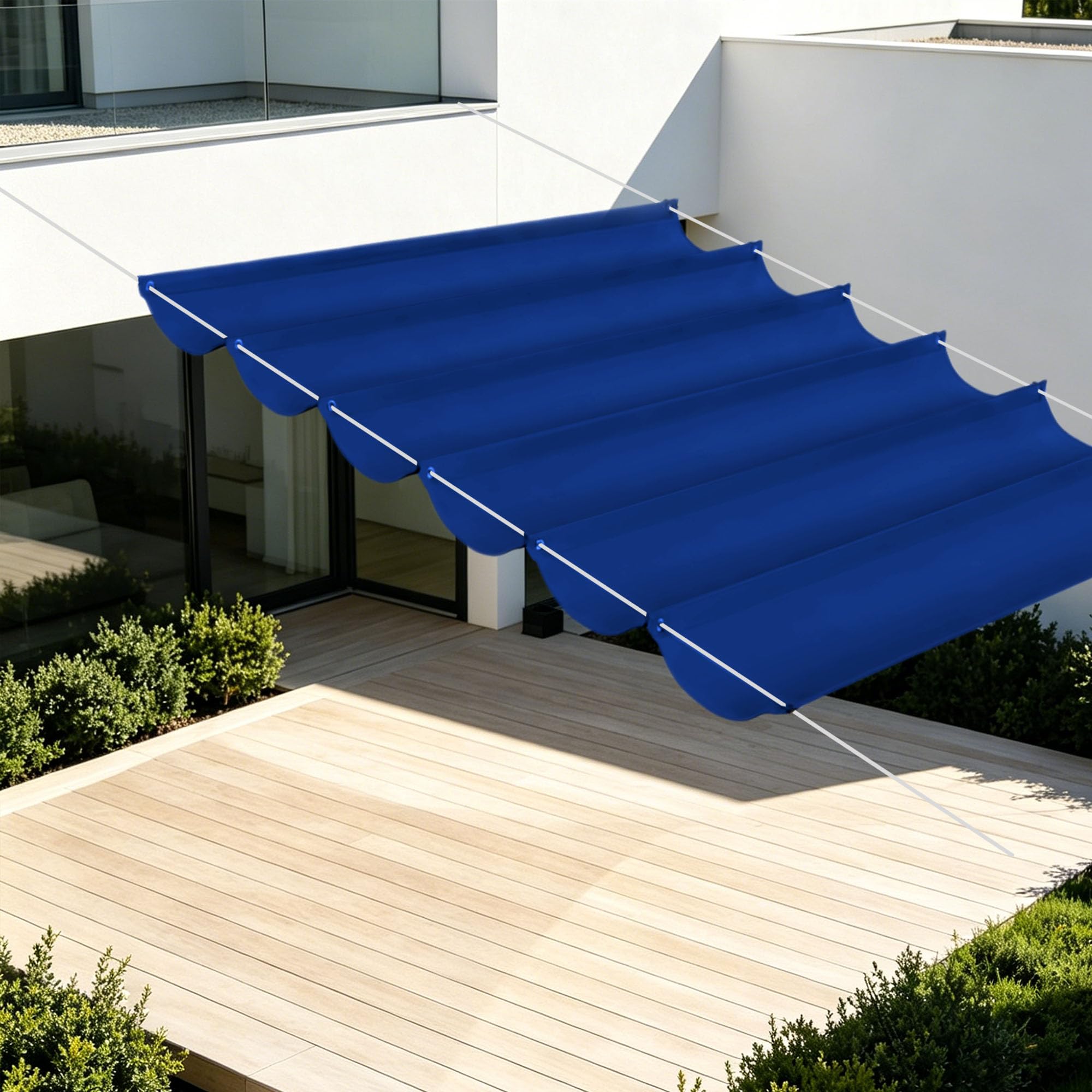 Toile d'ombrage rétractable bleu foncé 450x260 résout les problèmes de chaleur sur le balcon