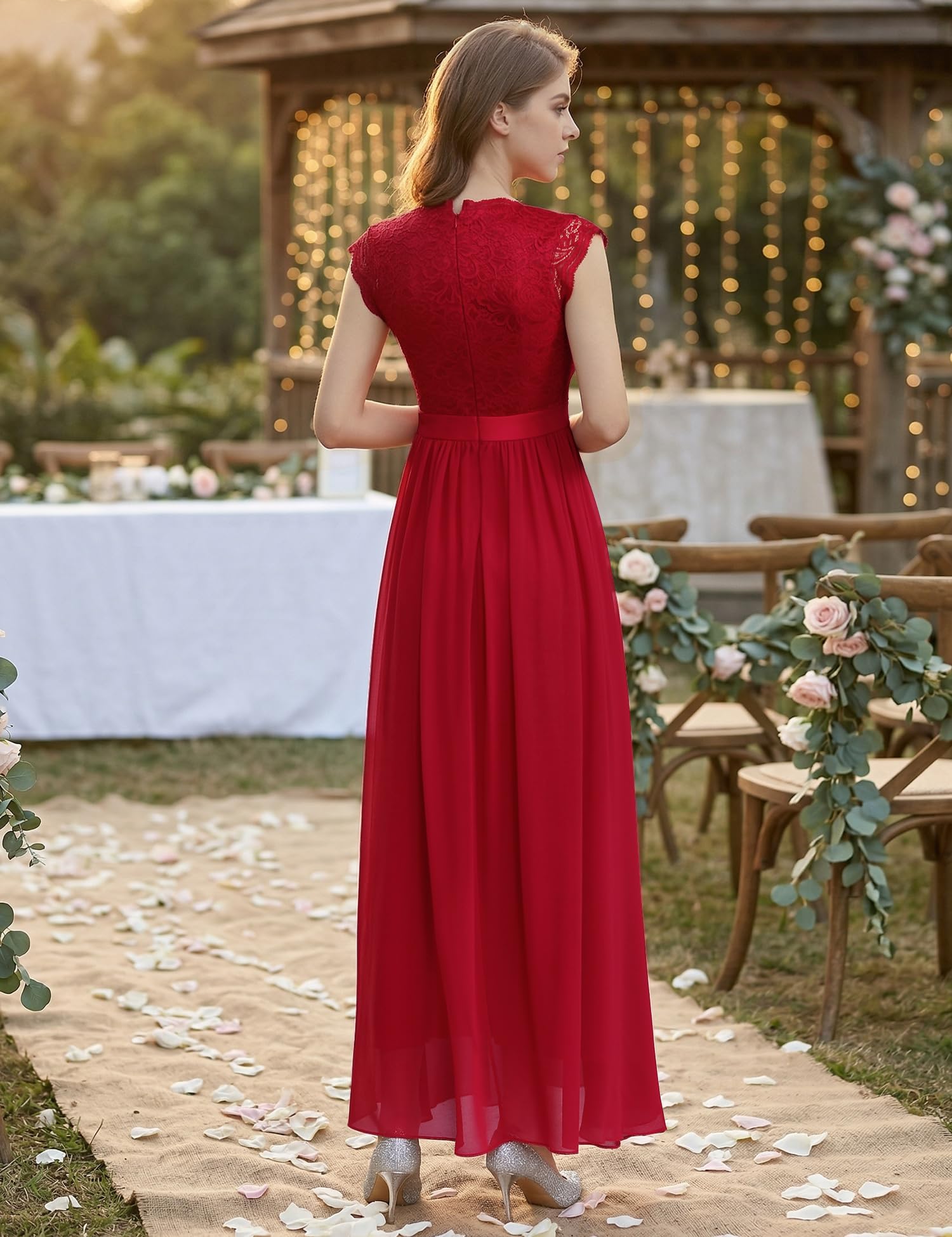Aupuls Vestido De Noche Mangas Cortas con Volantes Maxi De Suave Gasa Y Encaje Elegante Mujer
