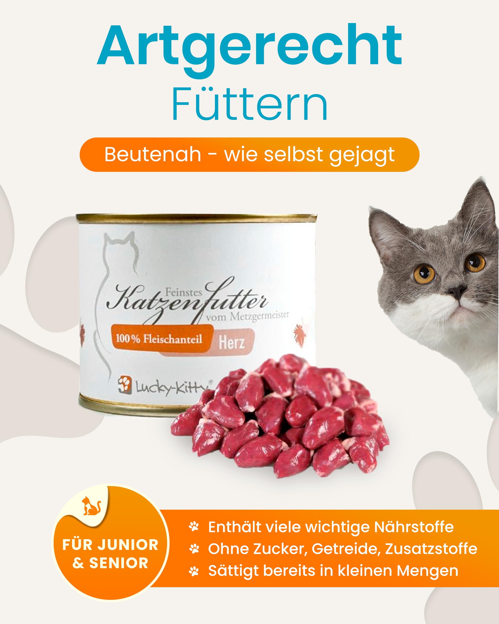Lucky-Kitty Katzenfutter Nass 100% Hühnerherzen, Ohne Zusätze, 16 x 200g | Ohne Getreide & Zucker, Frisch vom Metzger, Für Katzen & Kitten, Nährstoff- und Vitaminreich, Made in Germany