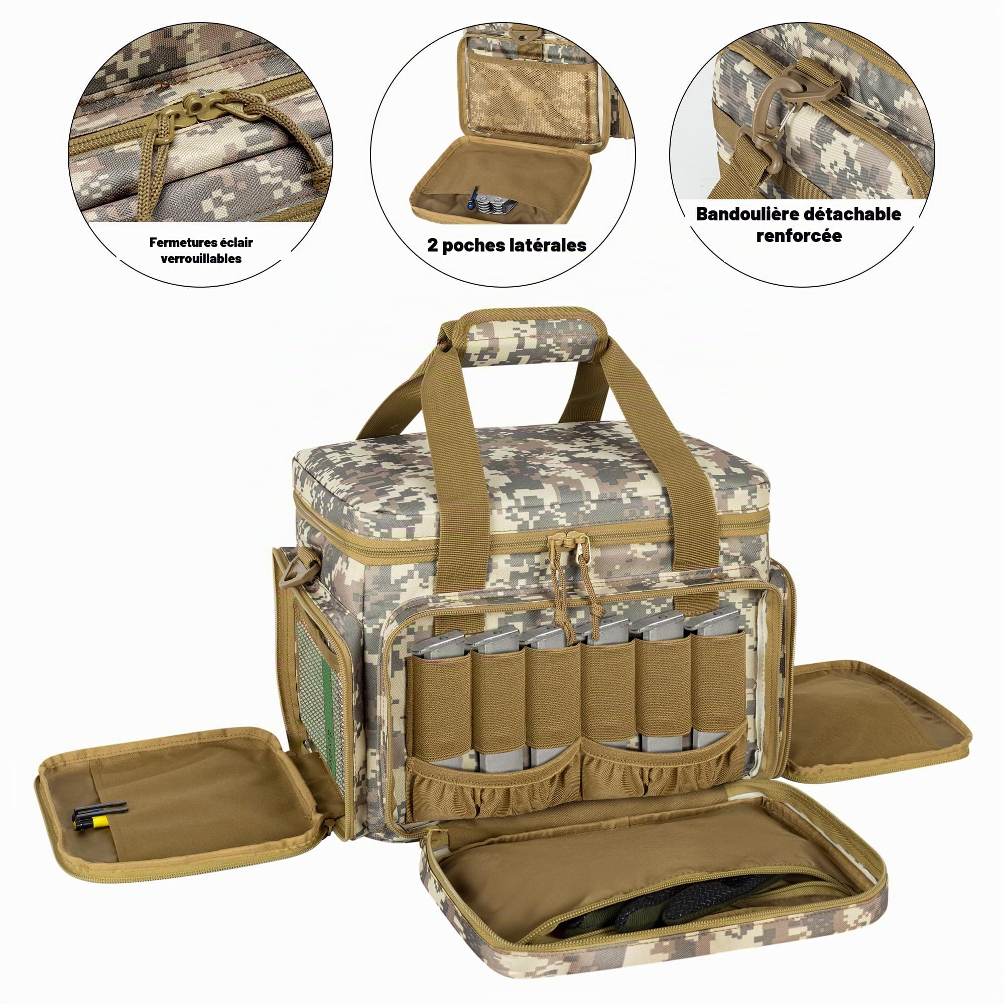 DSLEAF Sac de Tir pour Pistolet pour 4 Armes de Poing, Étui Souple Sacoche Tactique pour 6 Compartiments Chargeurs, Pochette de tir avec Poches Supplémentaires pour Munitions et Indispensables