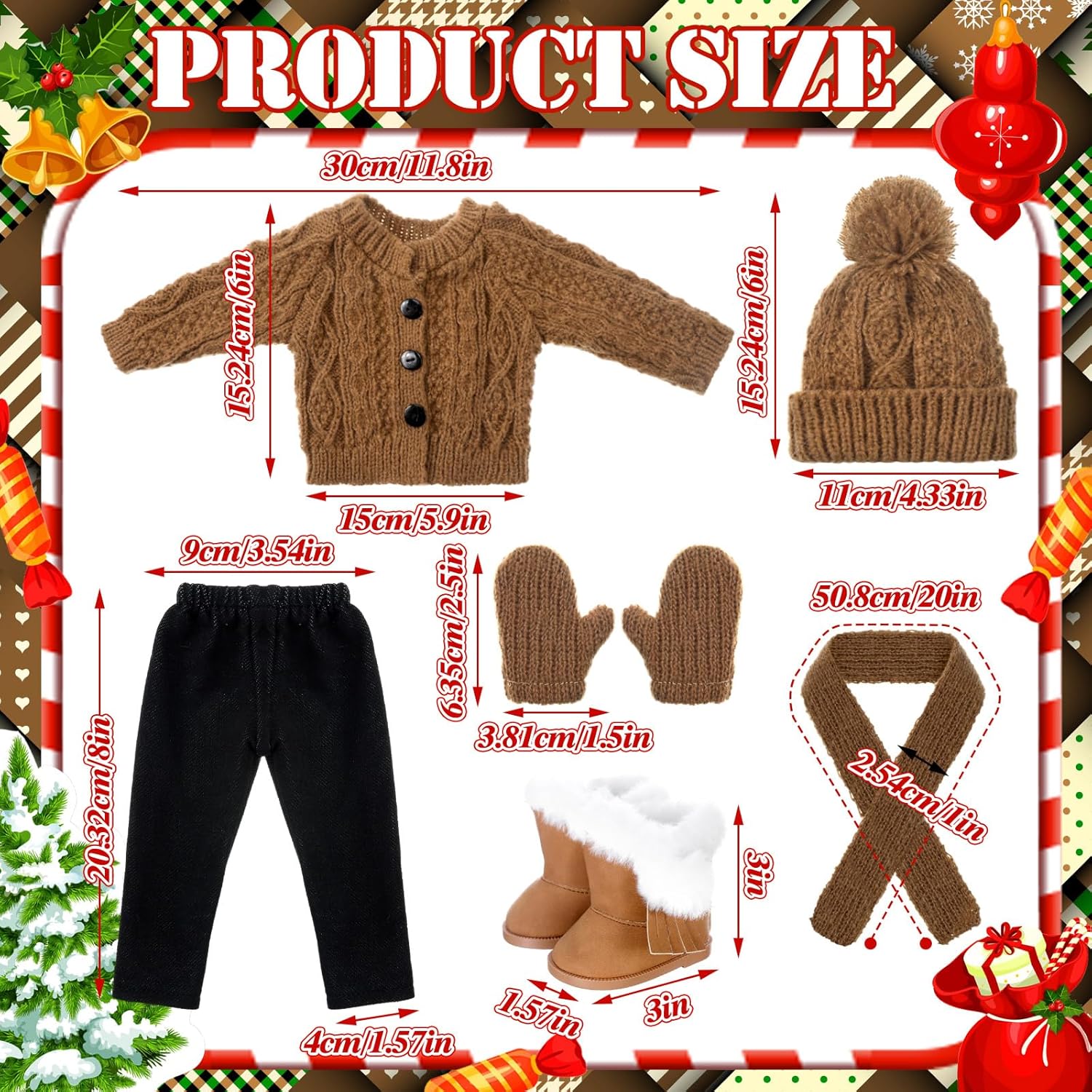 6 pcs Christmas 18 Inch Doll Clothes and Accessories Winter Outfits Set with Sweaters Trousers Hats Shoes Gloves Scarfs for 18 Inch Doll (Brown)