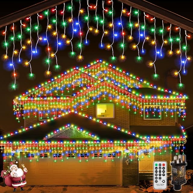 Outdoor Icicle Christmas Lights 7.5M - Fairy Lights Plug in Multicolour Connectable Waterproof Led Bright Icicle Lights Mains Powered with 8 Modes & Remote Timer for Window Garden Party