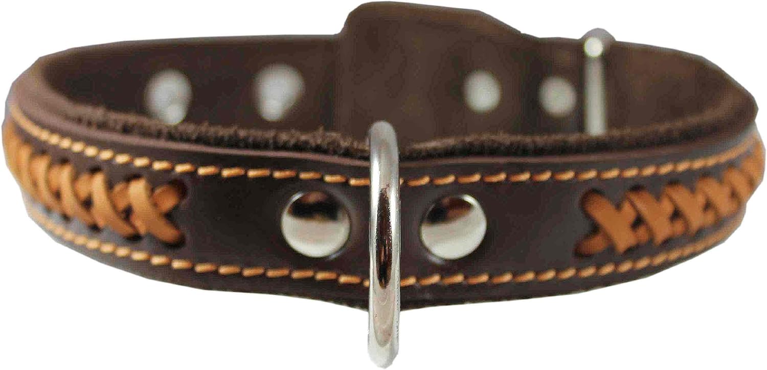 Genuine Leather Braided Dog Collar, Brown 1.25" Wide. Fits 16"-20.5" Neck.