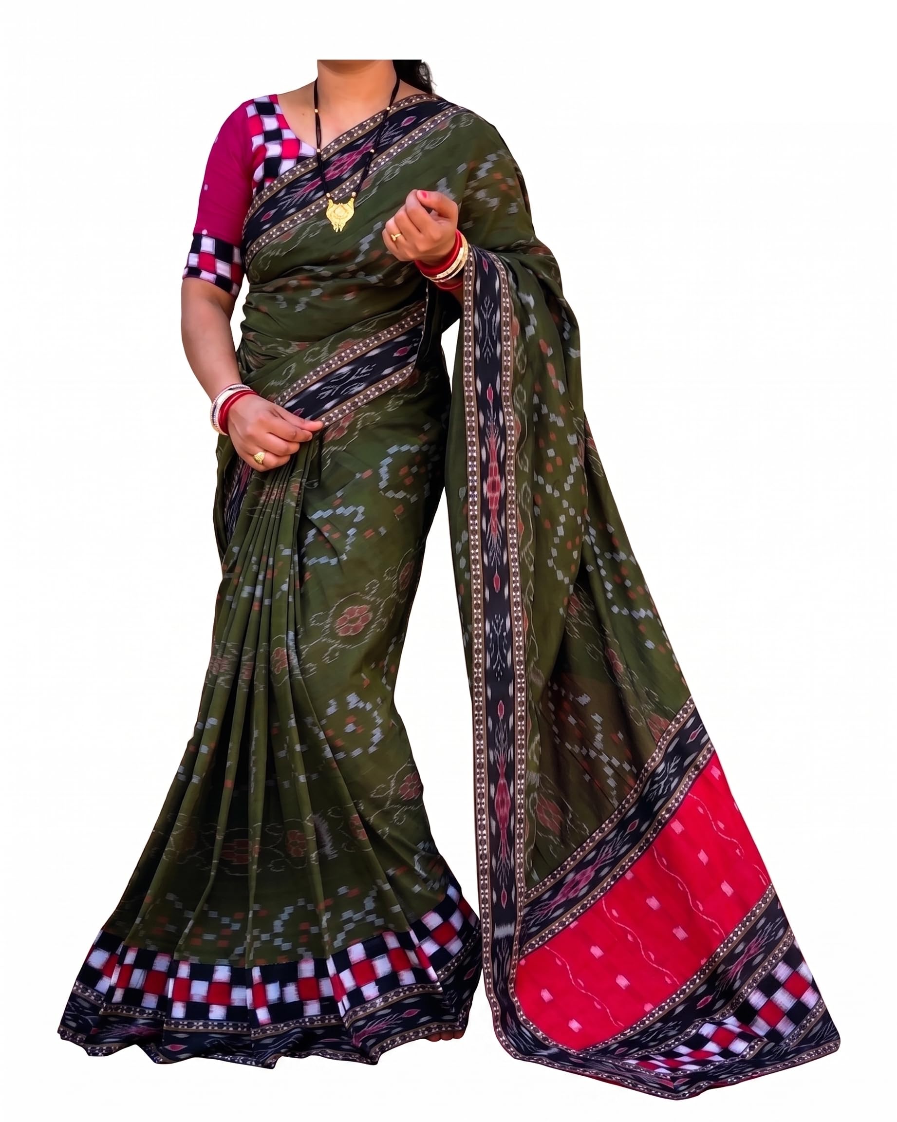Utkal Handloom Sambalpuri Handloom Cotton Saree for Women | Zari Woven Patchwork Design with Blouse Piece | Odisha Traditional Saree Ethnic Wear & Daily Wear (Green)-picture-26