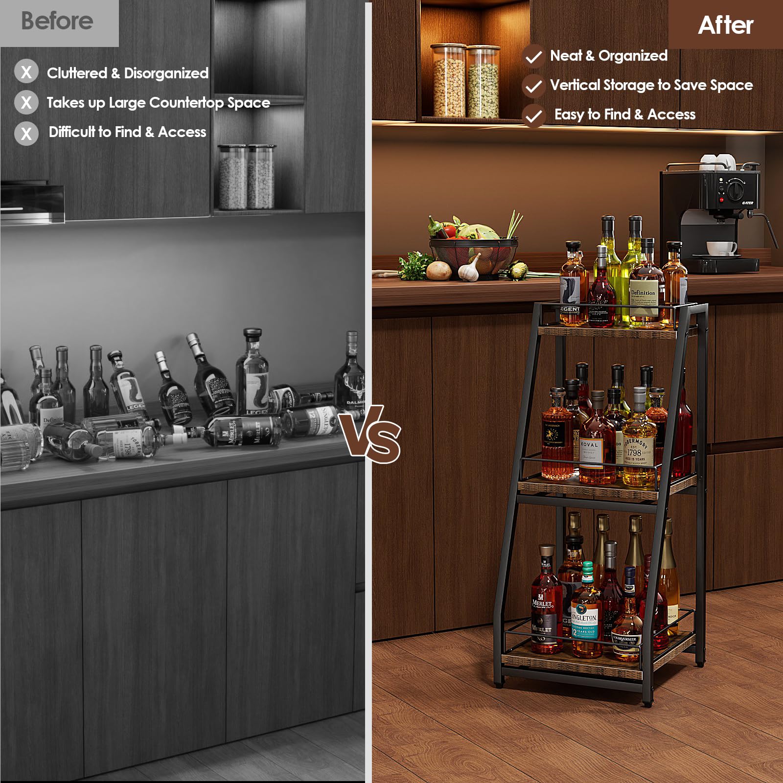 Nuovoware Mobile per Liquori 3 Livelli Mini Bar, Scaffale Vino Terra Whisky, Scaffale Angolare Bottiglie Liquore Recinzione Cassetto Scorrimento per Casa, Cucina, il soggiorno Sala da Pranzo, Nero