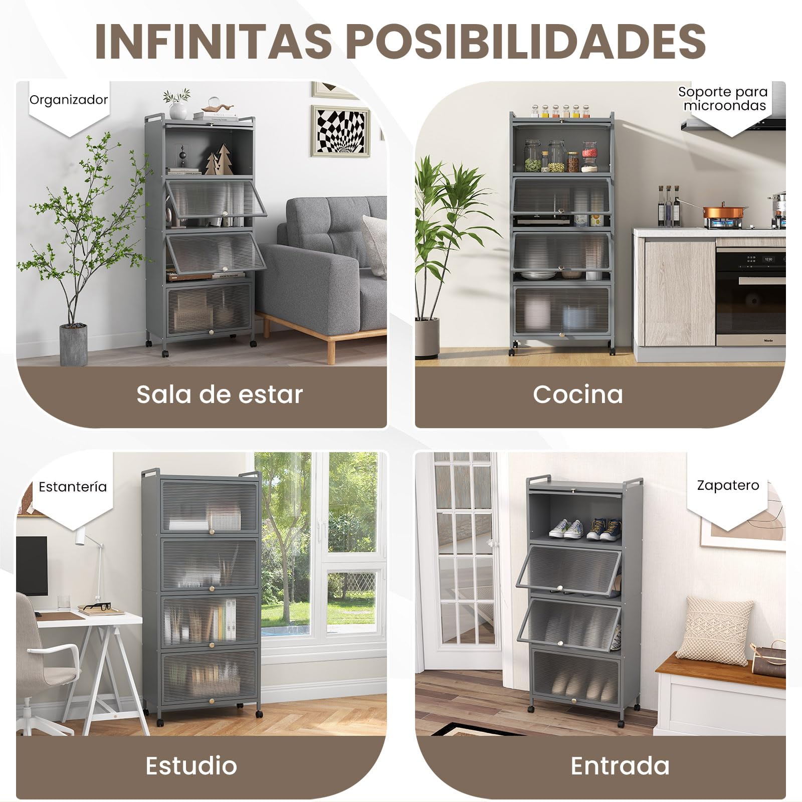 COSTWAY Estantería de Cocina de 5 Niveles, Estantería de Almacenamiento con 4 Puertas de PC y 4 Ruedas Giratorias, Armario de Cocina con Kit Antivuelco para Cocina, Entrada, y Saló, Gris