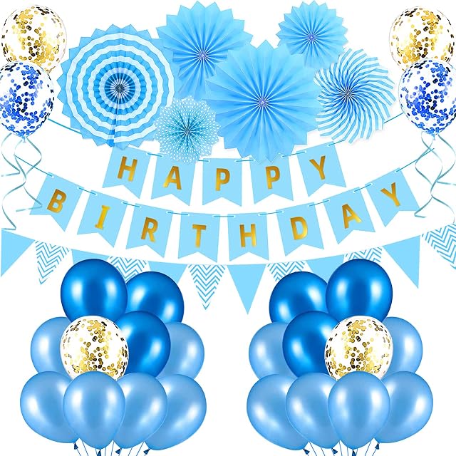BEIZKNA Birthday Decorations for Boys Men Happy Birthday Banners Blue Party Decorations with Birthday Bunting,Latex Confetti Balloons,Paper Fan Birthday Party Decorations