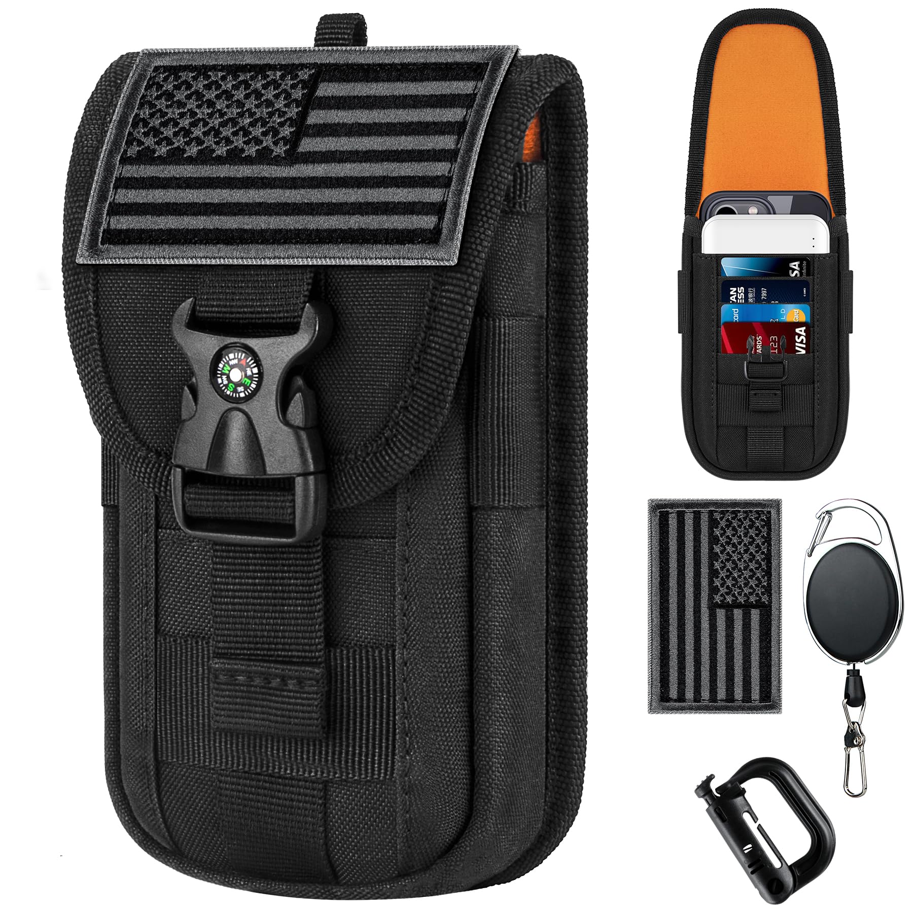IronSeals Tactical Compass Phone Pouch Holster, Molle Attachment Waist Belt Bag for for iPhone 16 Pro Max/S25 Ultra with Flag Patch