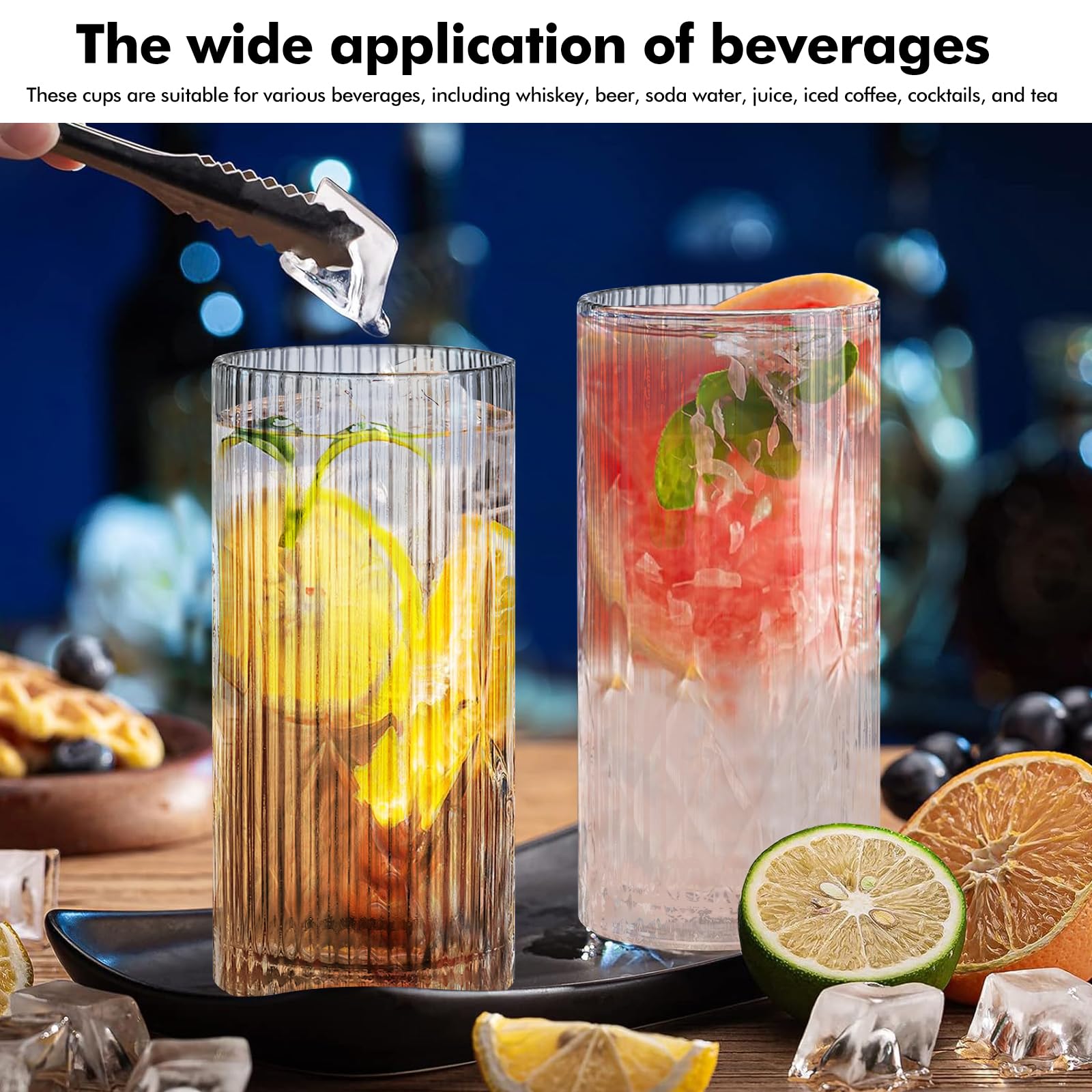 Set di 4 bicchieri lunghi drink scanalati da 360 ml: tazze da caffè, bicchieri in vetro trasparente, vetro di alta qualità, tazze da caffè per tè, latte, whisky, succhi, mojito