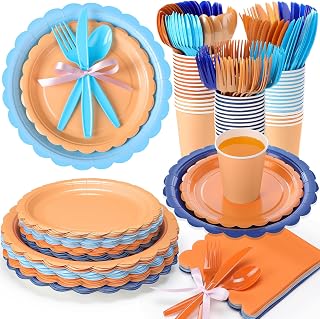 350 Pcs Blue Orange Plates and Napkins, 50 Guest Blue Dog Party Supplies Include Scalloped Paper Plates Napkins Cups Plastic Spoons Forks Knives Disposable Tableware Set for Dart Birthday Party