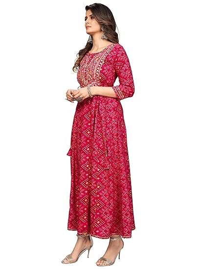 Vbuyz Women's Rayon Printed & Embroidered Anarkali Stitched Kurta (VF-KU-1791_Blue)