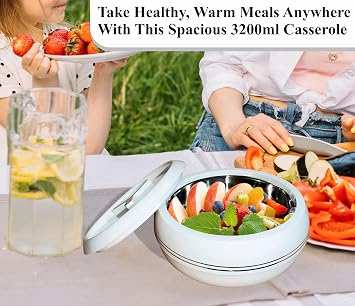 3200ml Insulated Casserole Dish with Lid – Large Stainless Steel Double Wall Hot Pot & Cold Food Server, BPA-Free Thermal Serving Bowl with Locking Lid, Chrome Finish – Soup, Salad & Food Warmer