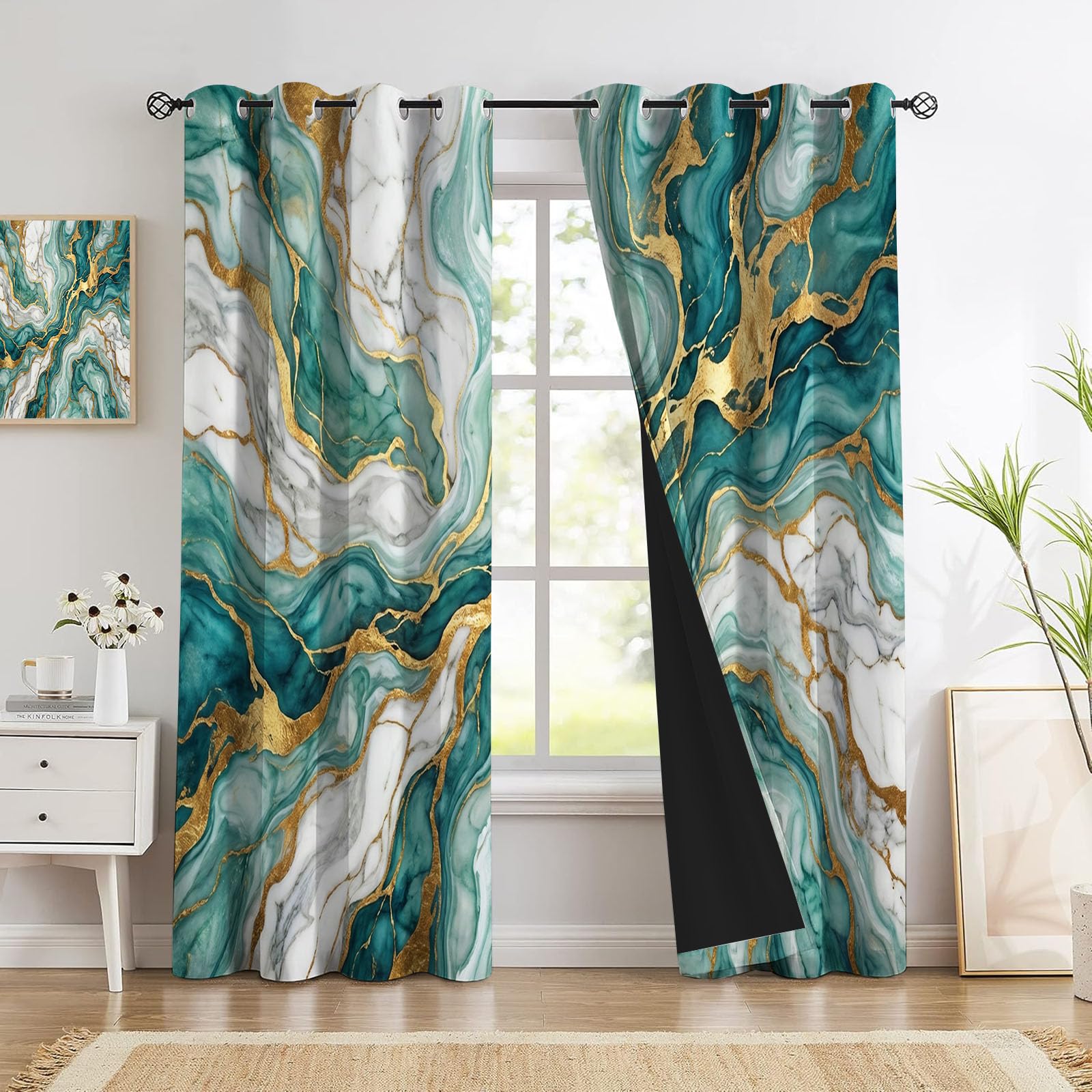 Lot de 2 rideaux occultants art fluide marbre turquoise isolation thermique