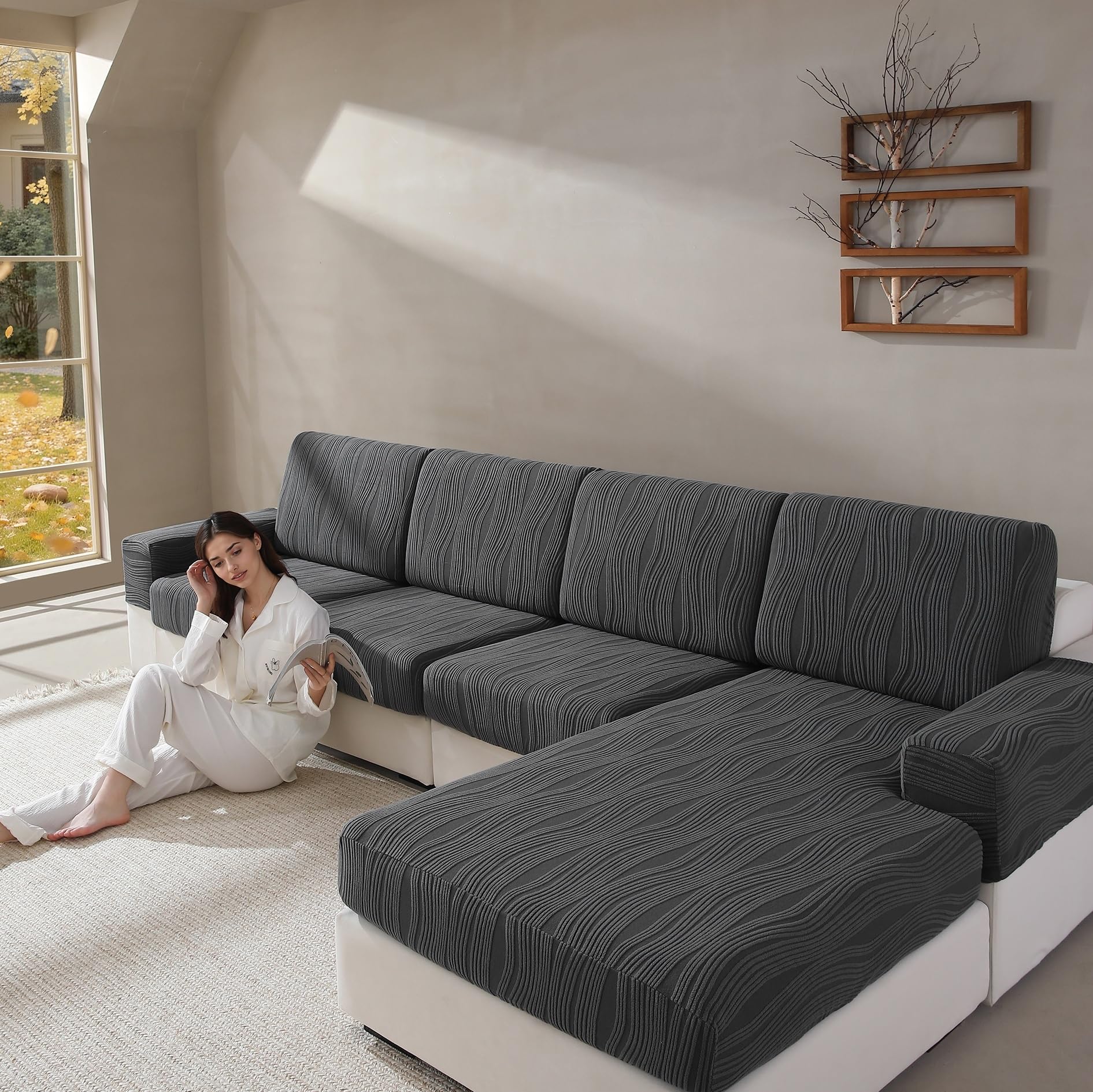 QIANMEW Couch Cushion Covers, Super Stretch Washable Sofa Slipcovers for L Shaped & Modular Seats, Pet-Friendly Furniture Protector with Stripe Design