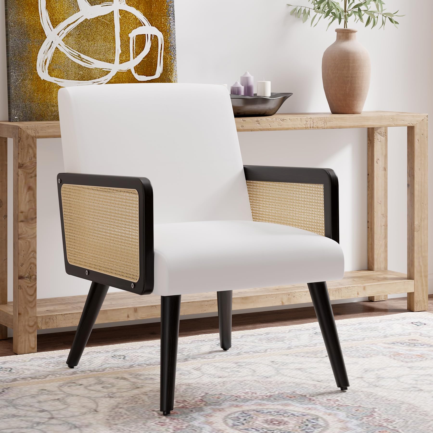 Nebuaegis Accent Chair with Rattan Arms, Living Room Chairs with Wood Legs, Modern Armchair for Bedroom, Lounge Chair Indoor for Reading Room Kitchen