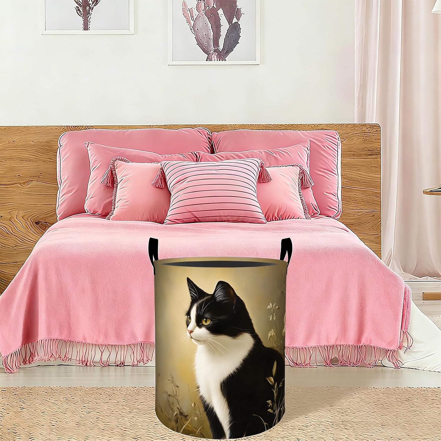 Black White Cat Laundry Basket Hamper 19.7"x15.8", Organizer Bins Gifts for Kids Boys Girls, Cute Pet Animal Foldable Waterproof Oxford Clothes Storage Bucket for Bedroom Bathroom Decor
