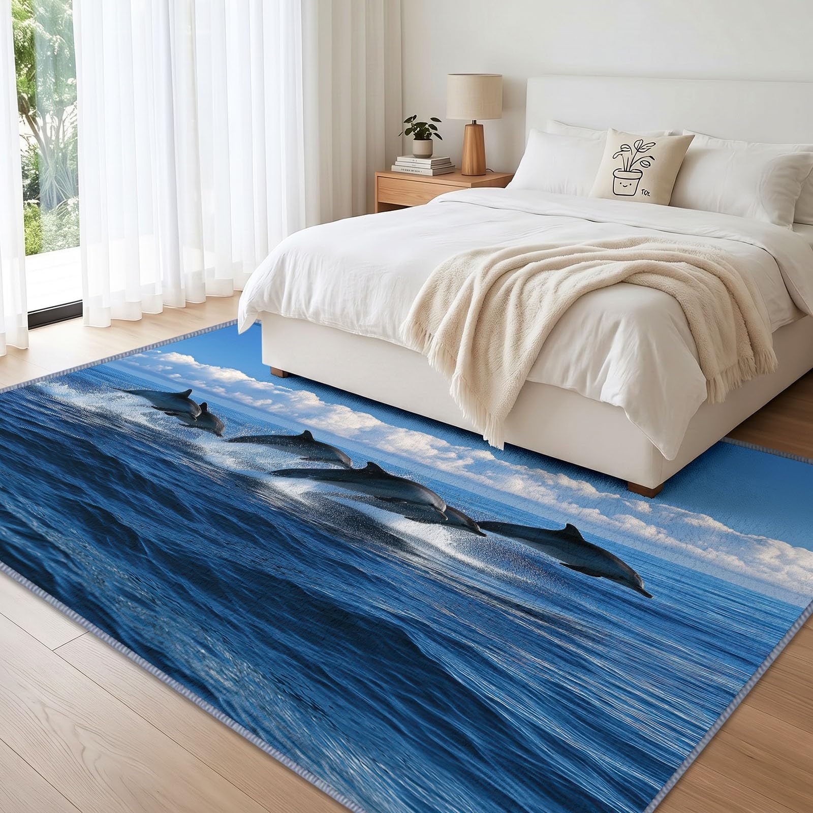 Grand Tapis Salon 140x200cm Photo Océan Animal Sauvage, Tapis de Salon Lavable en Machine Antidérapant à Poil Ras, Dauphin Sautant Surface Océan Doux Tapis Chambre Adulte pour Salle à Manger Couloir