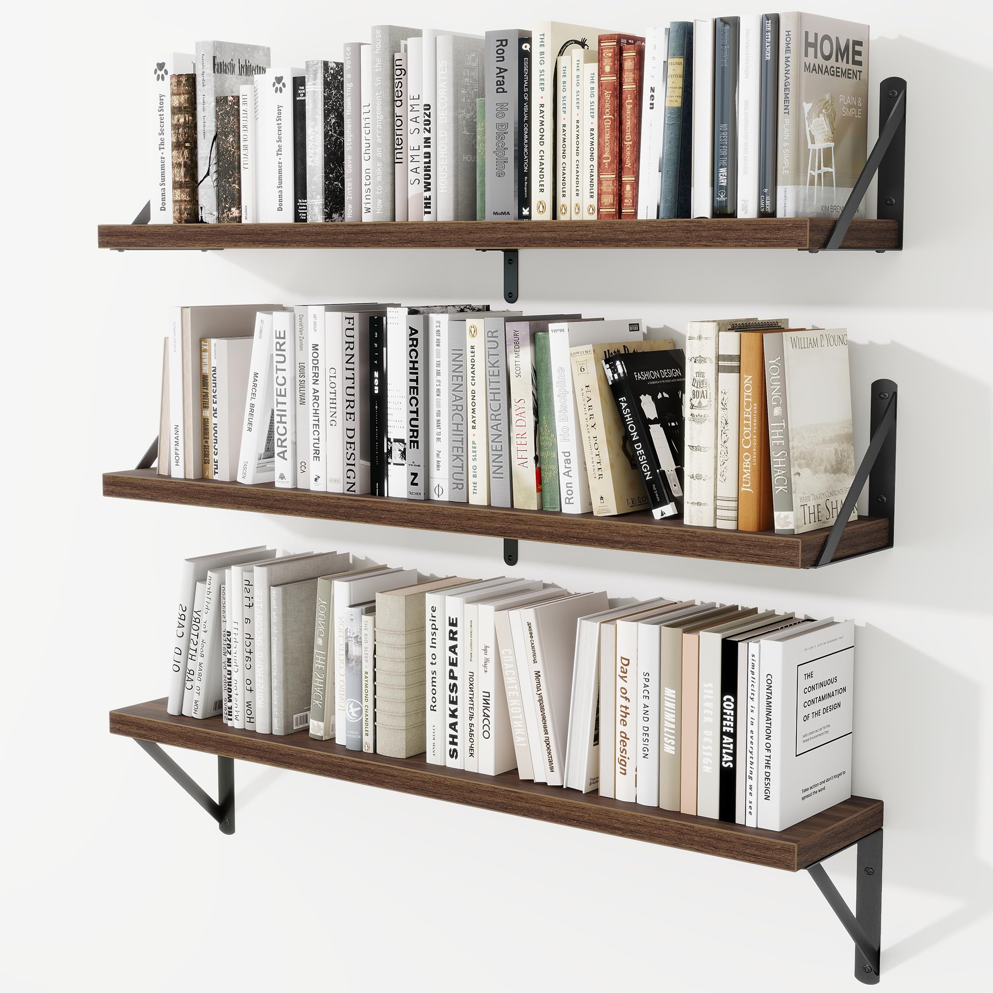 15cm Deep Floating Shelves, 90cm Long, 20kg Capacity, Walnut Finish, 3pcs — image 1