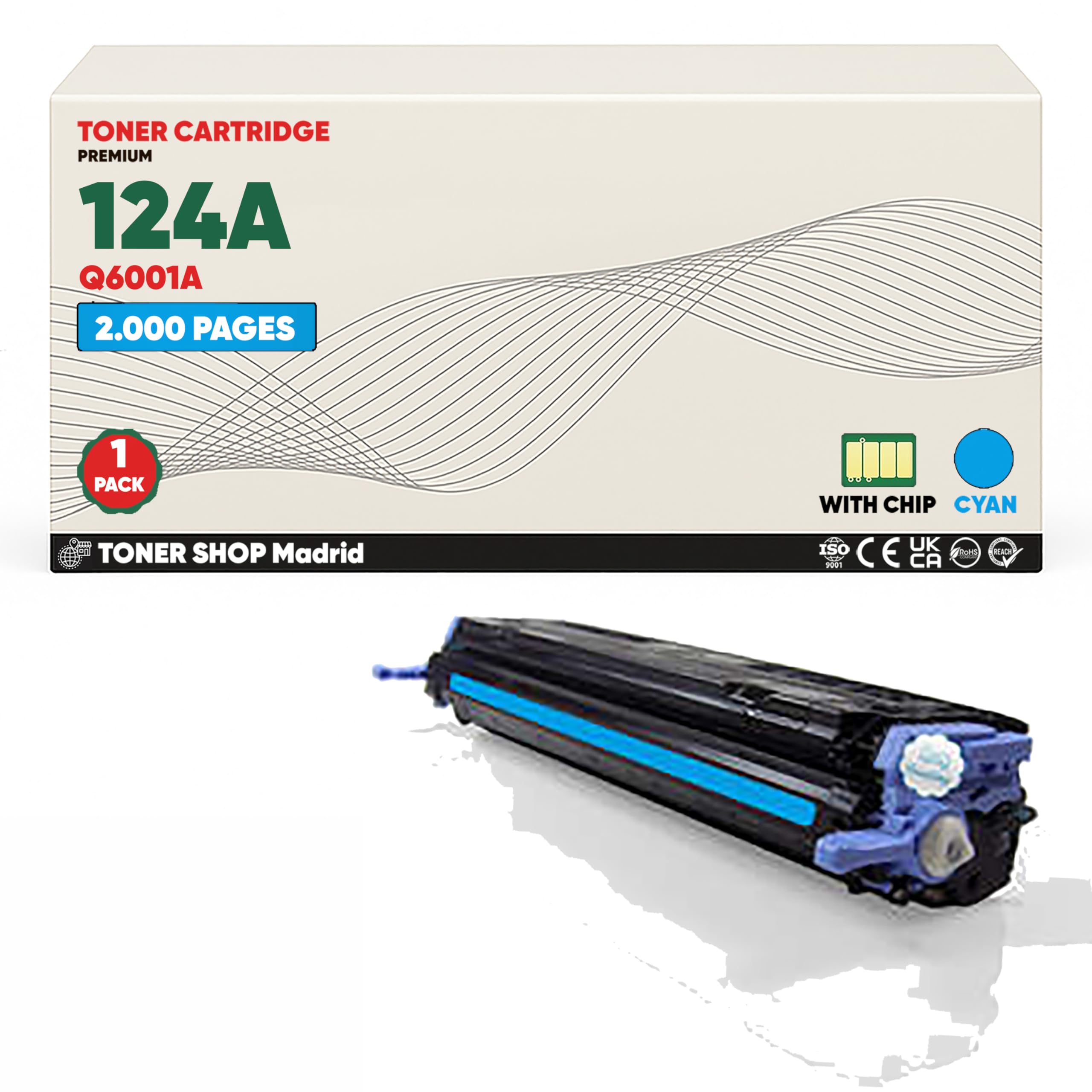 Tóner Compatible HP 124A Q6001A Cyan (Pack 1) con Chip para Color LaserJet 1600 2600N 2605 2605DN 2605DT 260NSE CM 1015MFP CM 1017MFP Rendimiento 2000 páginas