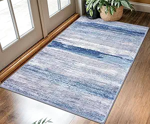 KOZYFLY 3x5 Rug Modern Ombre Living Room Area Rug, Washable Rugs for Bedroom Non-Slip Soft Stain Resistant Striped, Print Distressed Blue/Grey/Beige Abstract Carpet for Living/Laundry/Kid Room