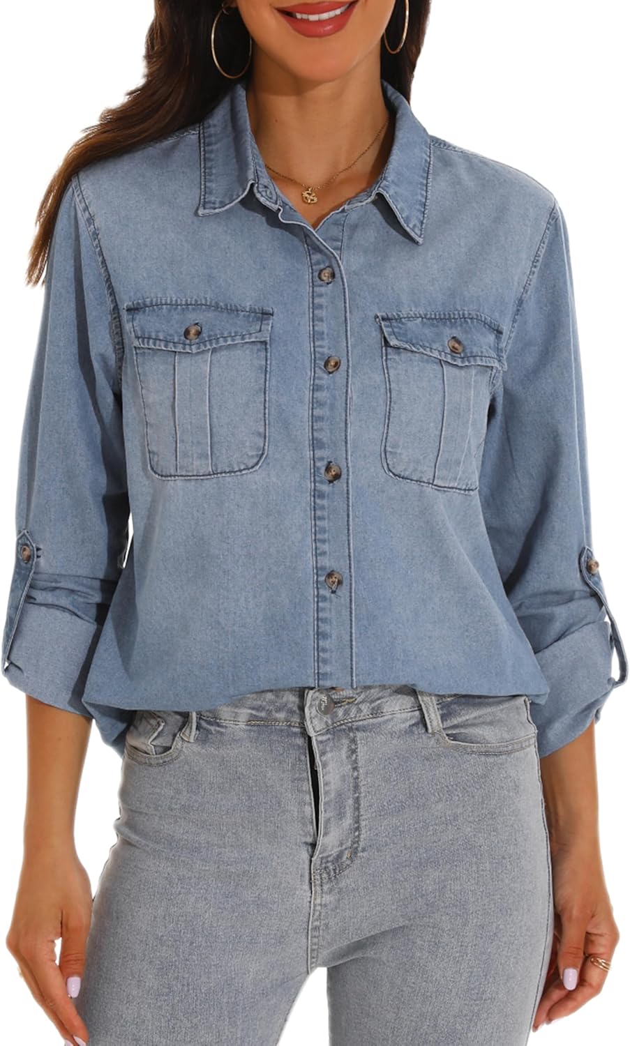 GUANYY Womens Denim Button Down Shirt Long Sleeve V Neck Jean Shirts Western Chambray Blouse Top - Image 6
