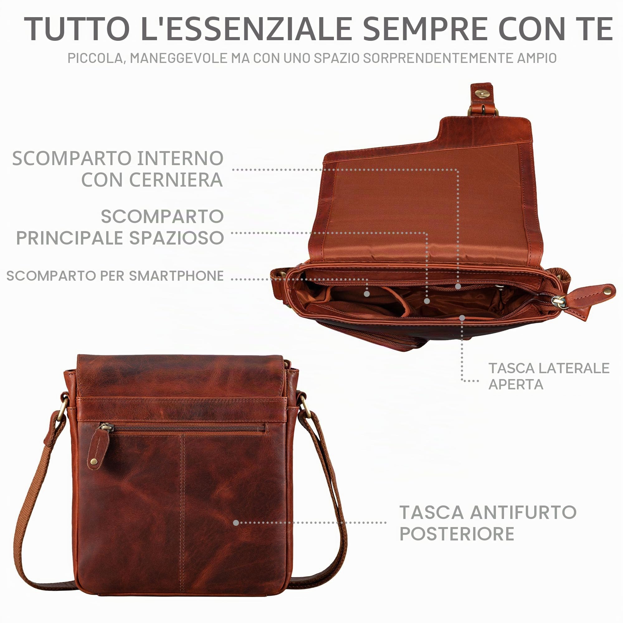 ROYALZ "Denver Borsa uomo vera pelle piccola vintage Tracolla Borsello Vero Cuoio Messenger per Tablet da 10,1 Pollici Viaggio