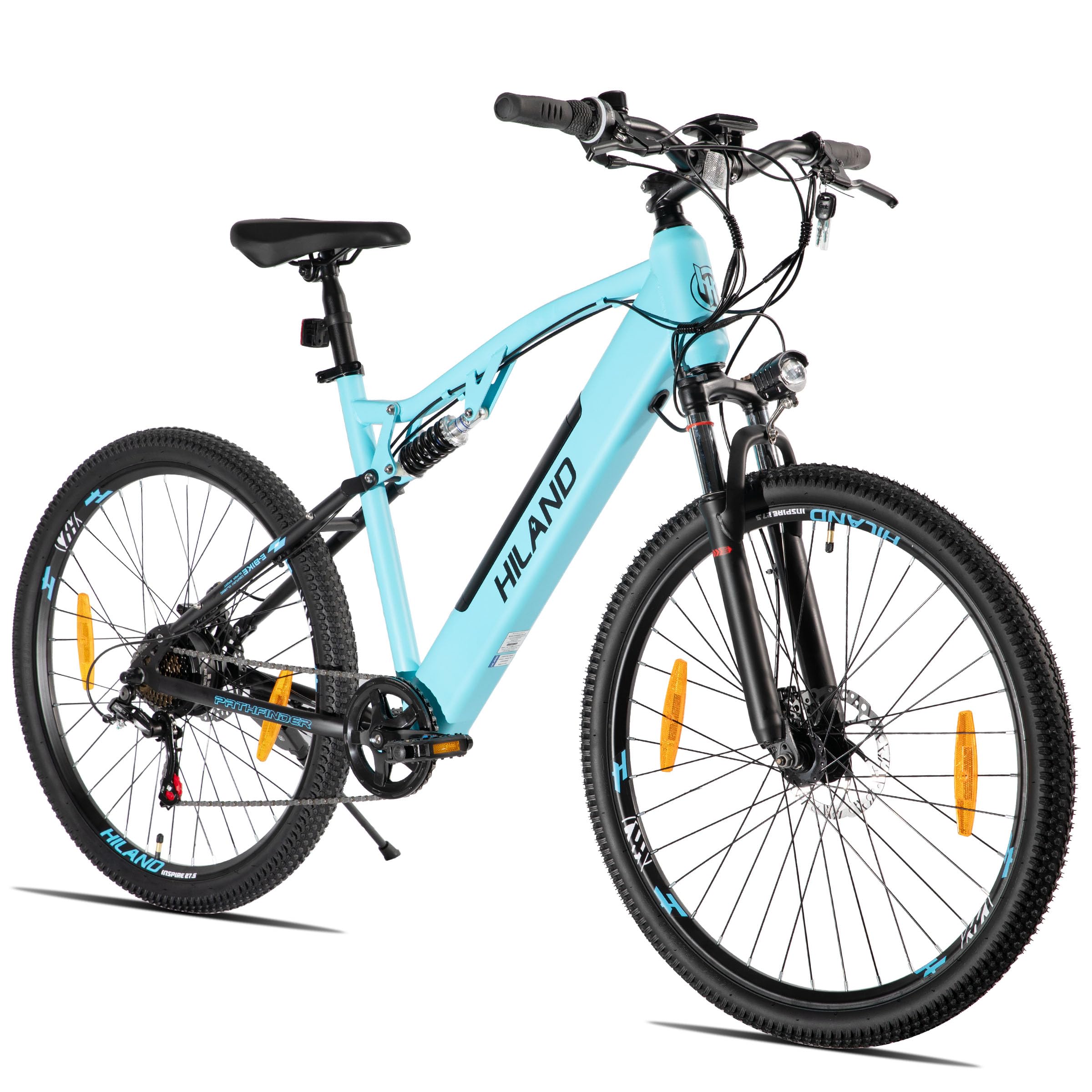HILAND Spokane 27,5 Zoll E-Mountainbike, E-Bike mit Doppel-Federung, Doppelten Mechanischen Scheibenbremsen, 7-Gang Schaltung, Hochkohlenstoffstahlrahmen, Elektrofahrrad für Herren und Damen, Blau Sport & Freizeit