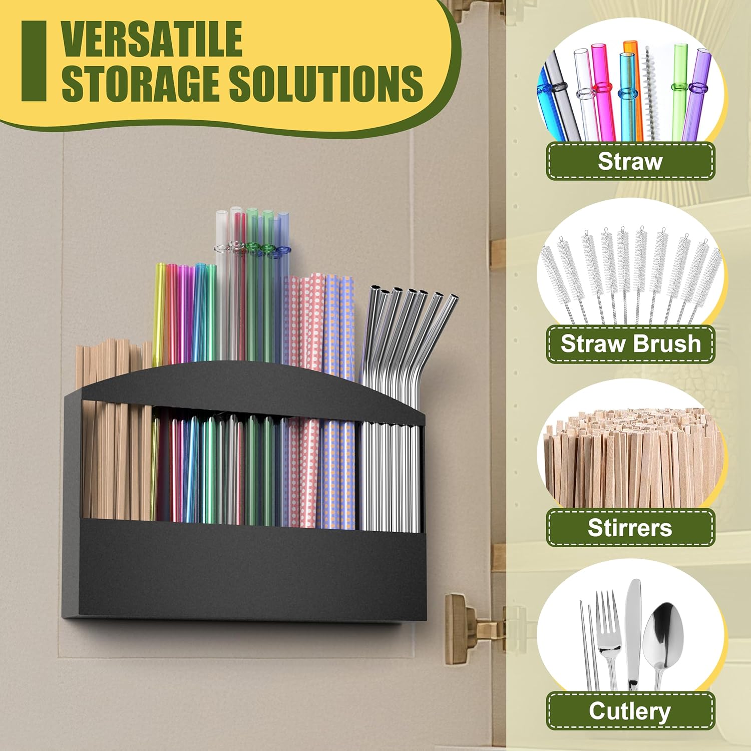 MyLifeUNIT Straw Holder for Cabinet Door, Metal Straw Dispenser Organizer Wall Mount with Double Sided Adhesive Tape, Compatible with Tumbler Straws and Coffee Stirrers - Image 2