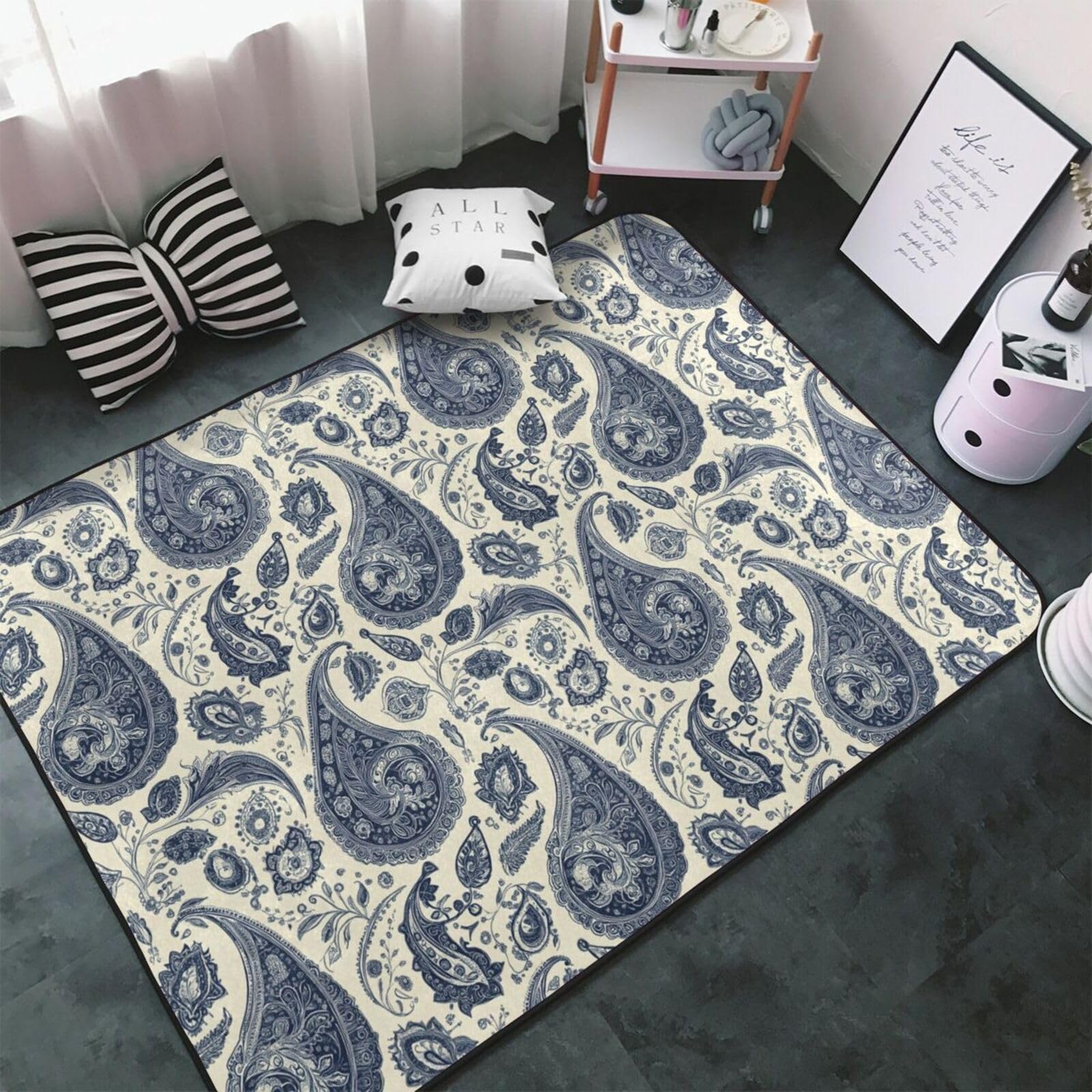Tapis de salon lavable bleu rétro 150x100 cm antidérapant cachemire