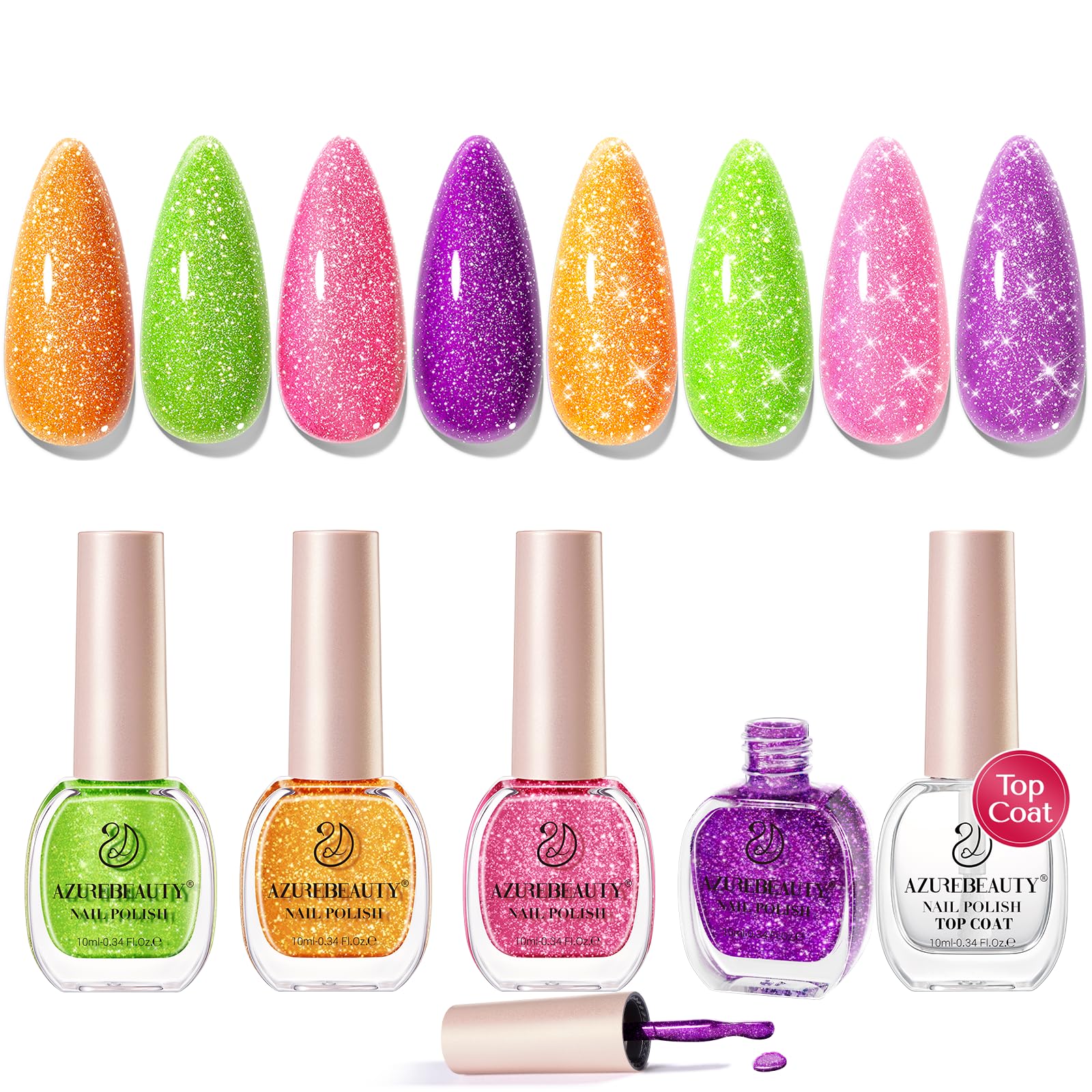 AZUREBEAUTY Nail Polish Set, 4 Colors Shimmer Glitter Neon Pink Orange Green Purple Spring Summer Long Lasting Quick Dry Natural Fingernail Lacquer Strengthening Kit with Top Coat DIY Salon