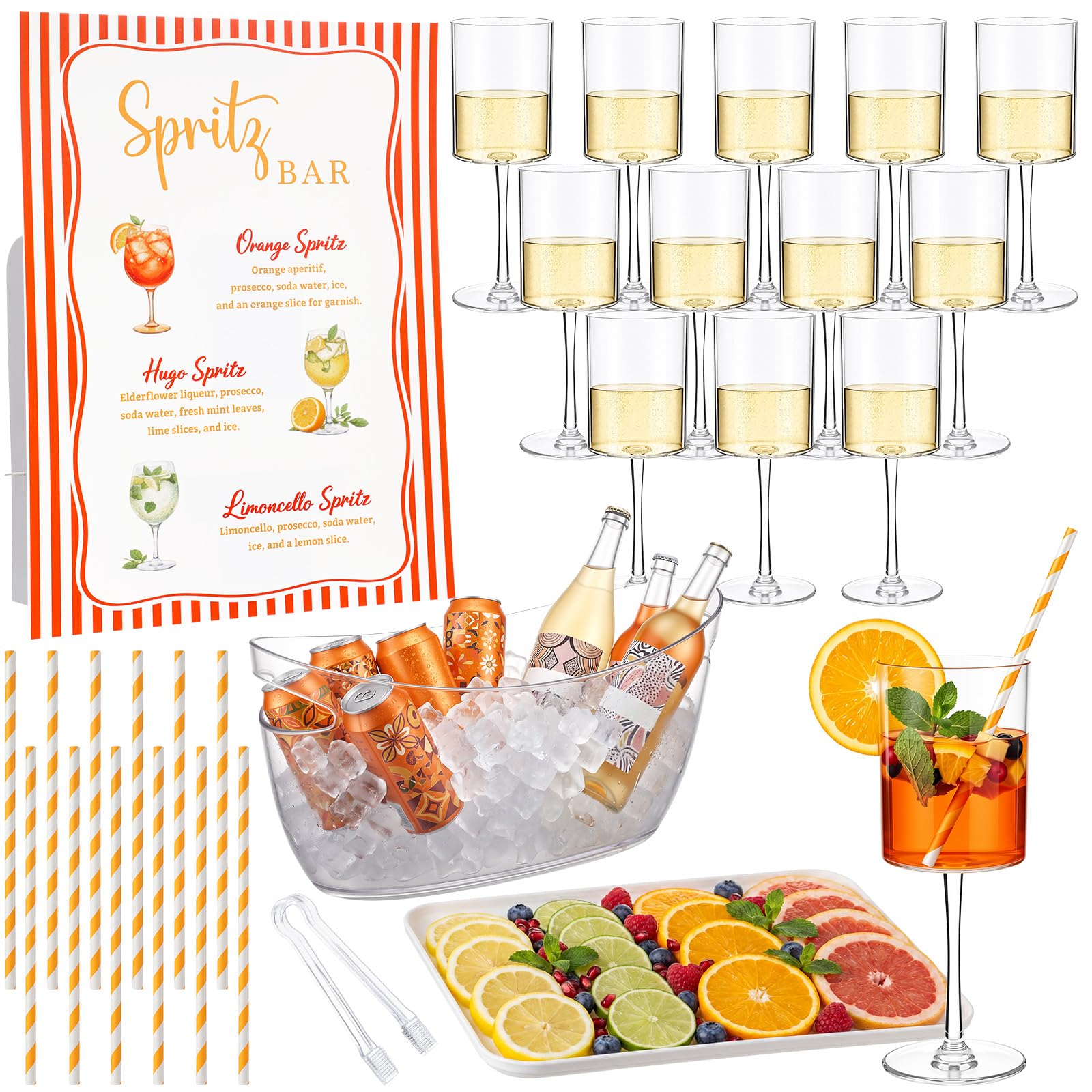Photo 1 of 29 Pcs Spritz Bar Supplies Kit Spritz Bar Sign & Stand, 12 Plastic Cocktail Glasses, Orange Paper Straws, Tray, Ice Bucket, Tong for Italian Themed Party Bridal Shower Bachelorette Lemon Citrus